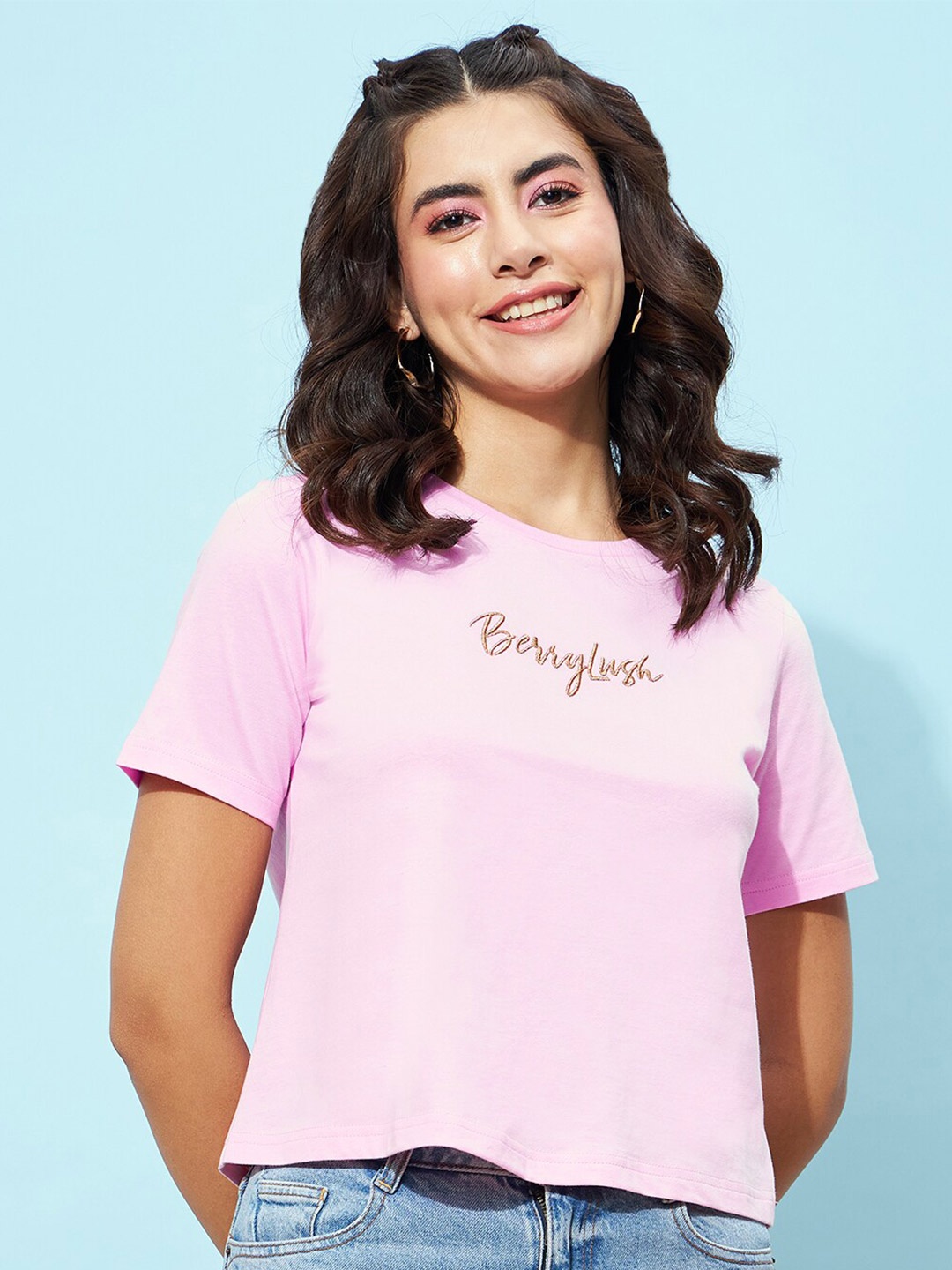 

Berrylush BASICS Pink Brand Logo Printed T-shirt