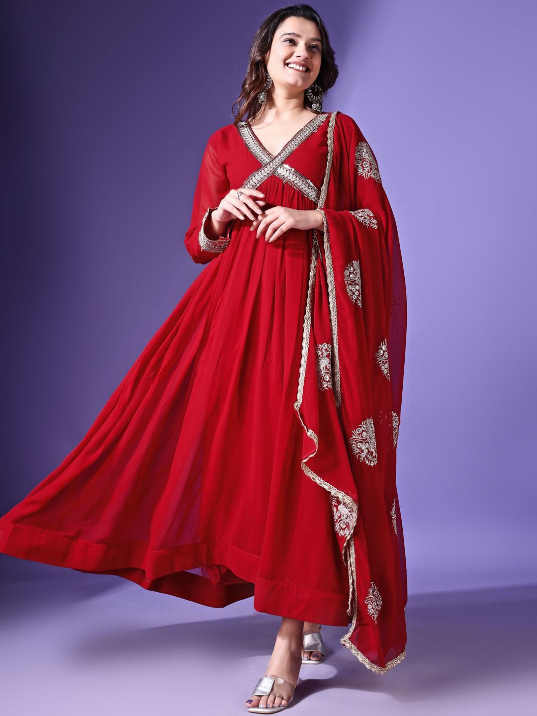 

KALINI Floral Embroidered Georgette Fit and Flare Maxi Ethnic Dress With Dupatta, Maroon