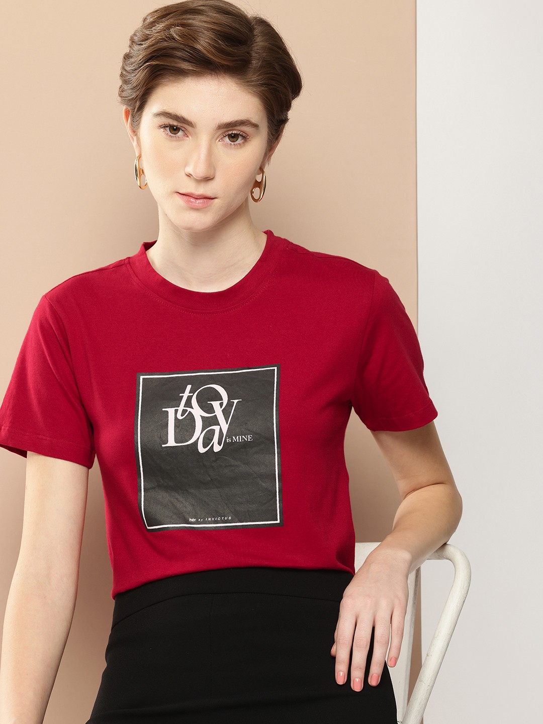

her by invictus Typography Printed Pure Cotton T-shirt, Red