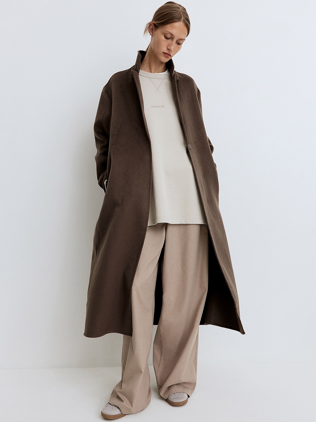 

H&M Women Wide Twill Trousers, Beige