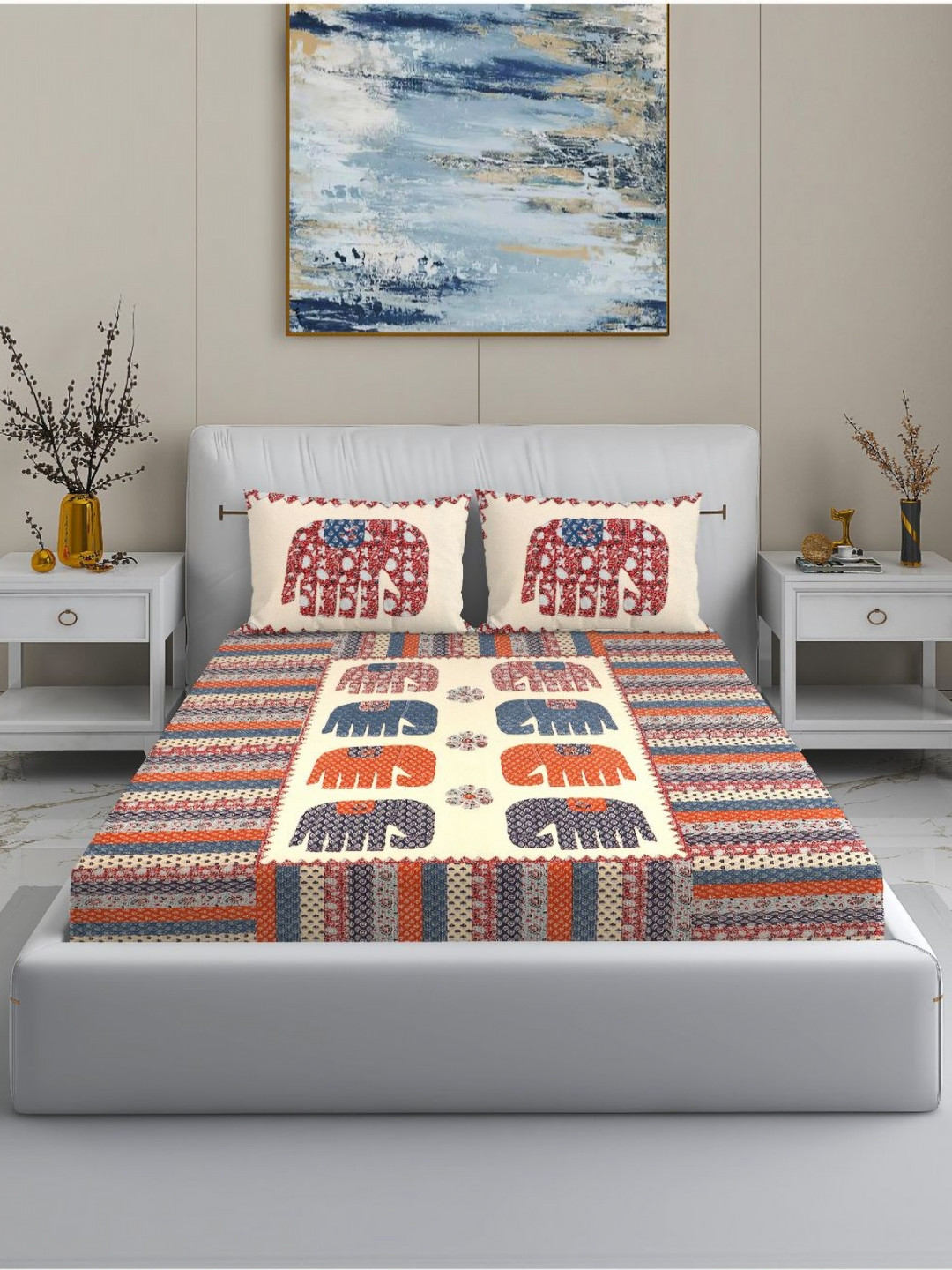 

MODEFE Off White & Blue 144 TC Cotton King Bedsheet With 2 Pillow Covers - 2.5 m x 2.7 m