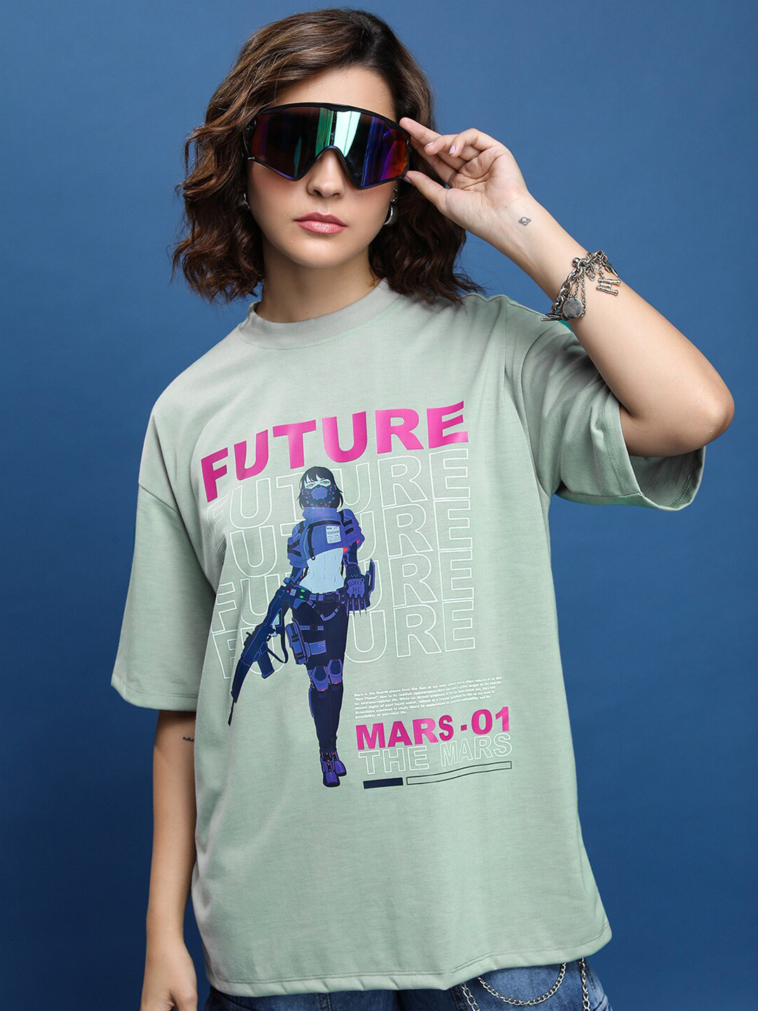 

Tokyo Talkies Graphic Printed Drop-Shoulder Sleeves Oversized T-shirt, Green