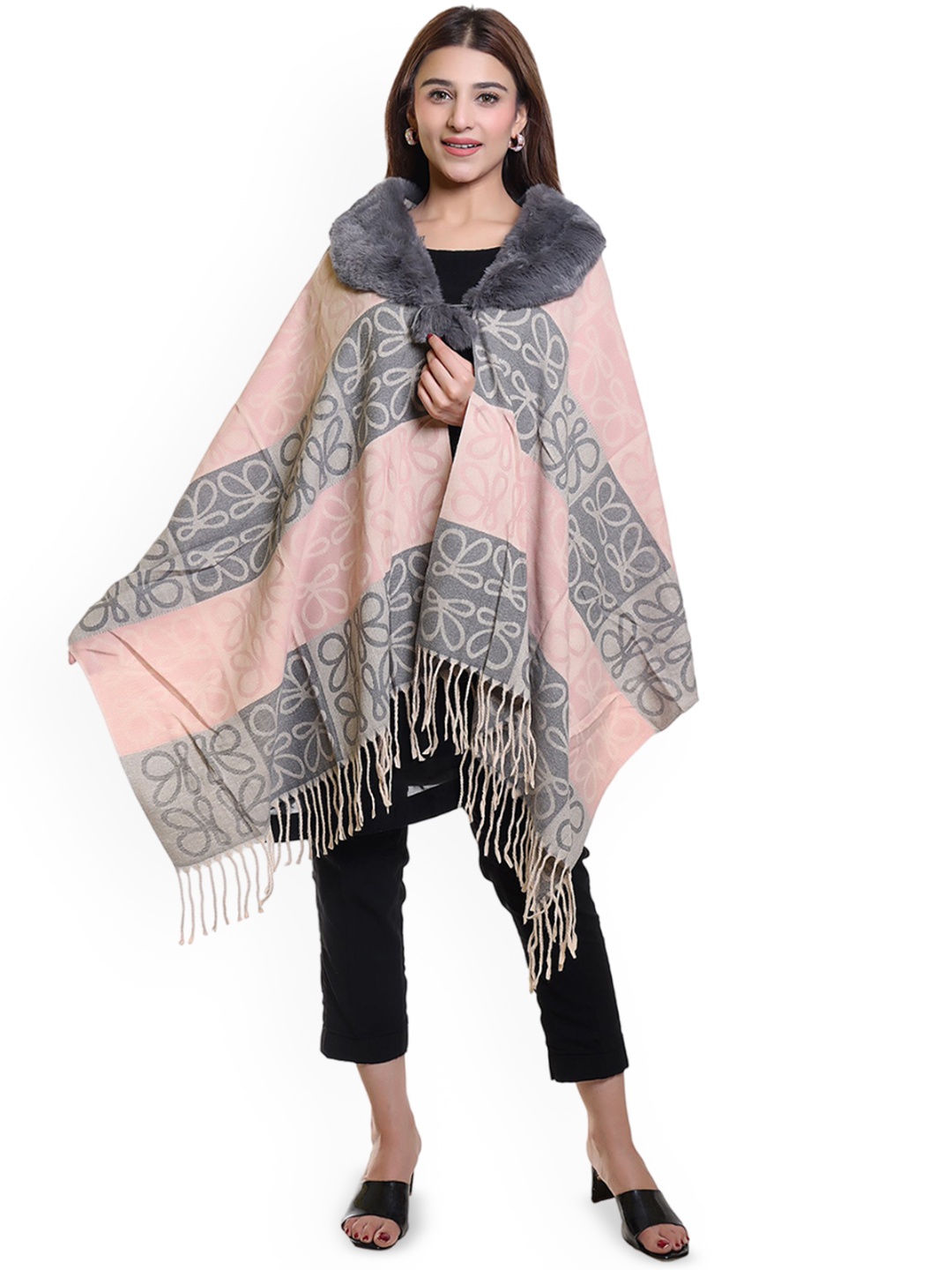 

Oswal International Women Striped Printed Acrylic Shawl, Peach