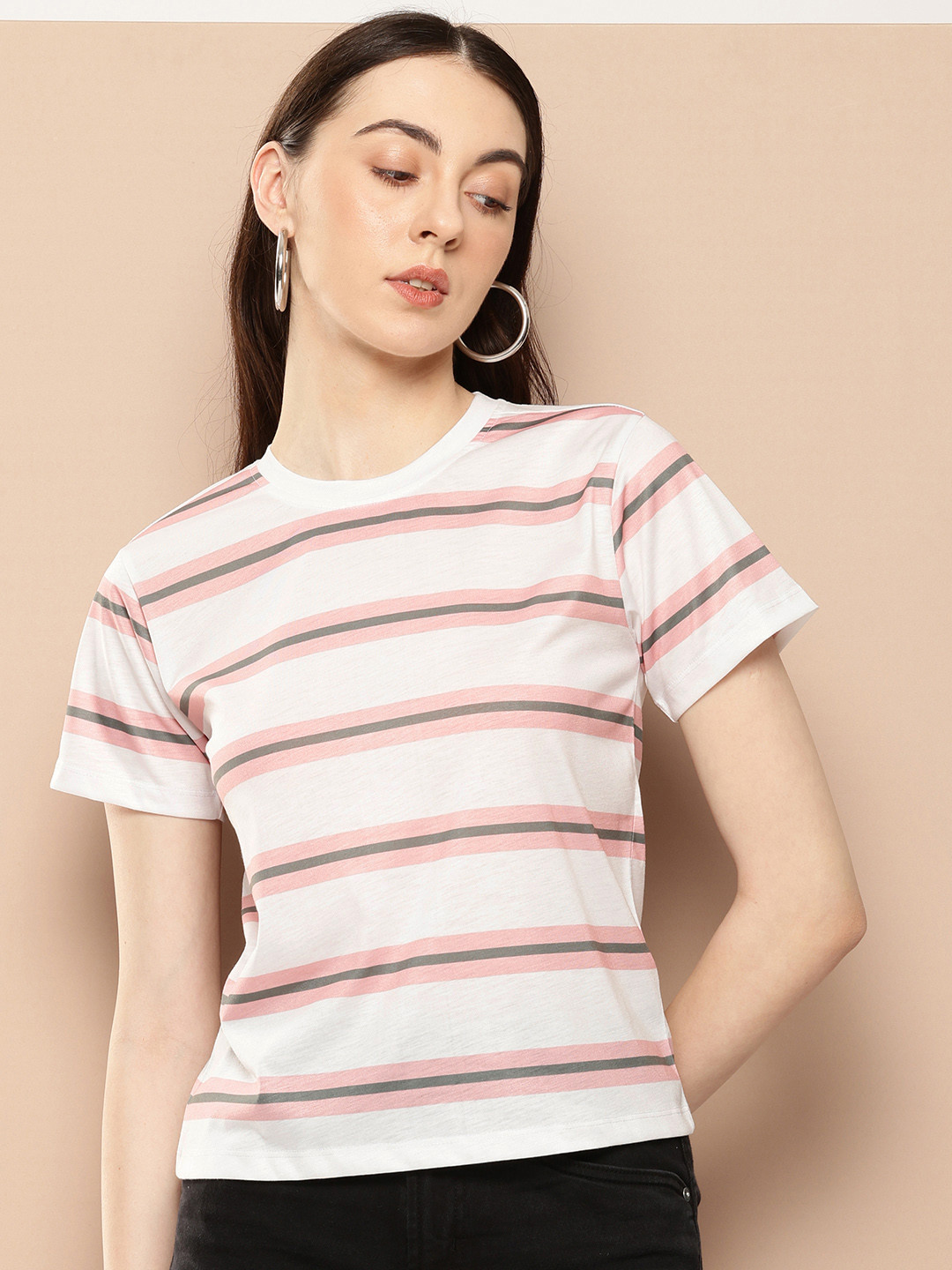 

her by invictus Round Neck Striped T-shirt, White