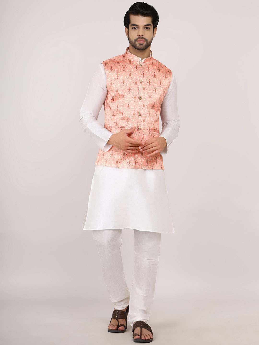 

Sadree Mandarin Collar White Romance Straight Kurta with Churidar & Nehru jacket