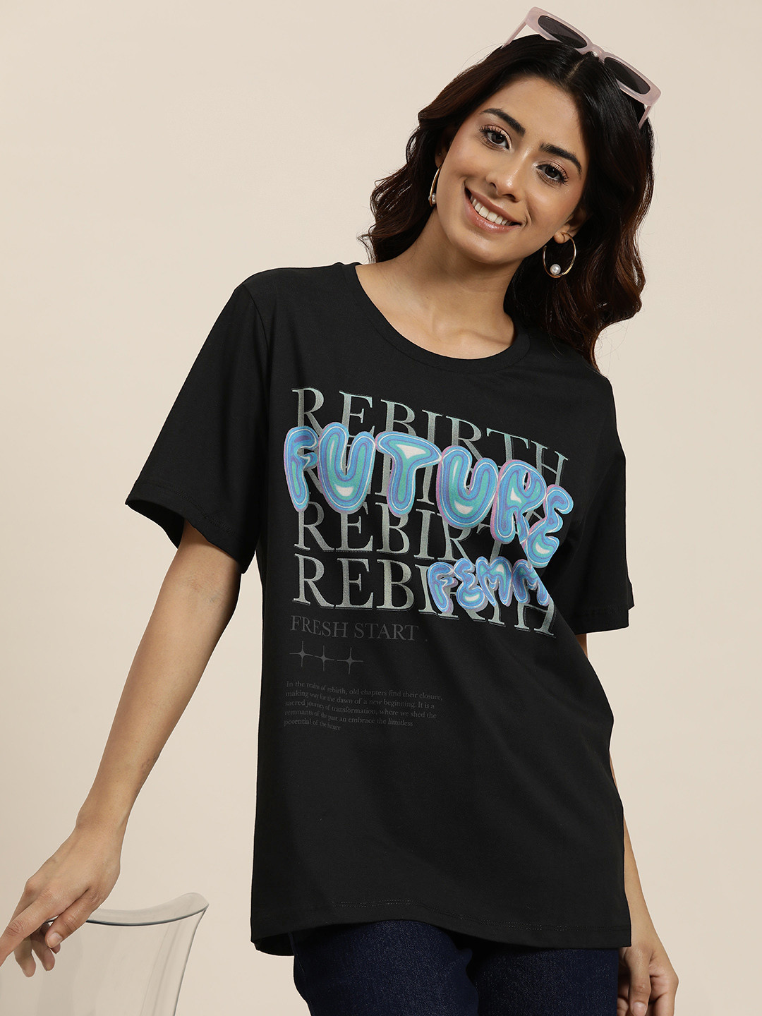 

HERE&NOW Typography Printed Relaxed Fit Pure Cotton T-shirt, Black