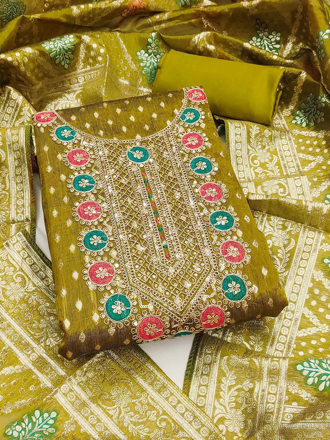 

Peachmode Ethnic Motifs Sequinned Unstitched Dress Material, Lime green