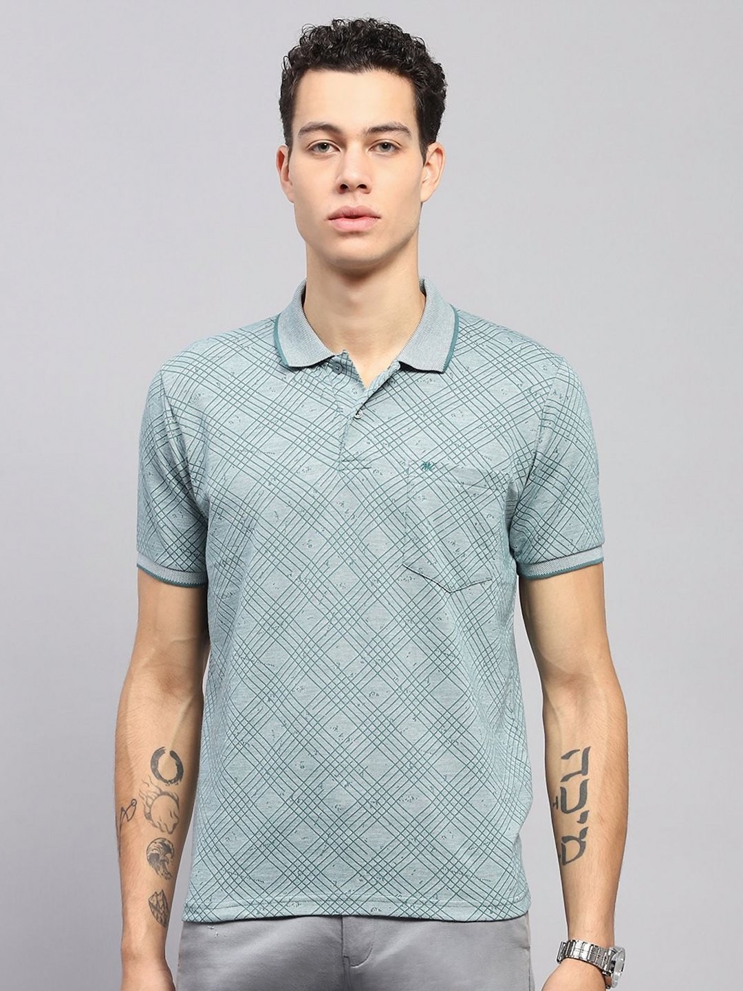 

Monte Carlo Men Abstract Printed Polo Collar Cotton T-shirt, Green
