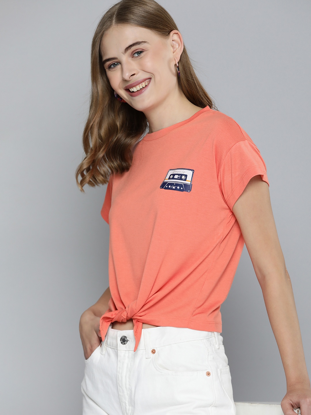 

Mast & Harbour Minimal Printed Drop-Shoulder Sleeves Casual T-shirt, Coral