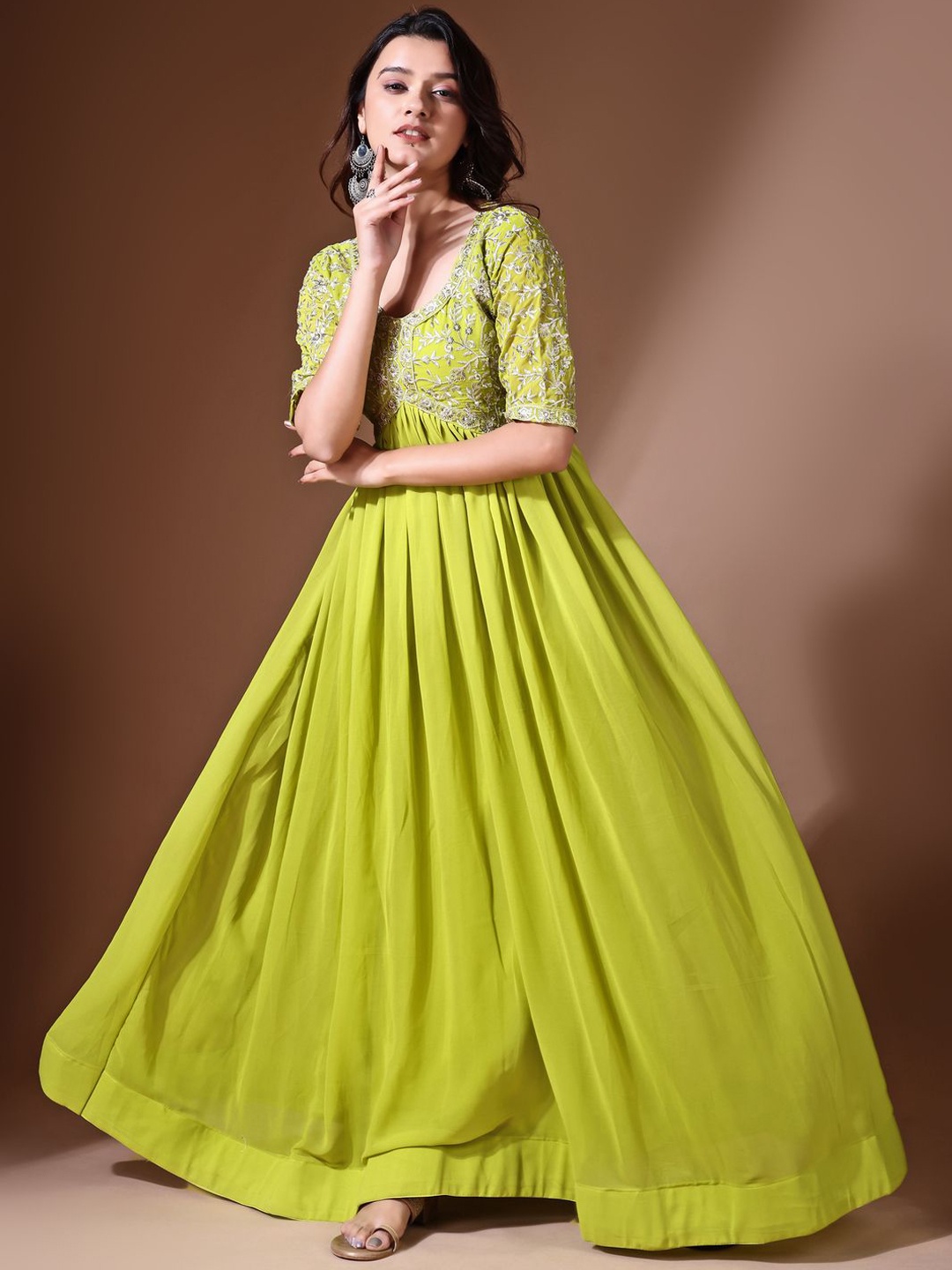 

KALINI Floral Embroidered Round Neck Gathered Georgette Fit & Flare Maxi Ethnic Dress, Green