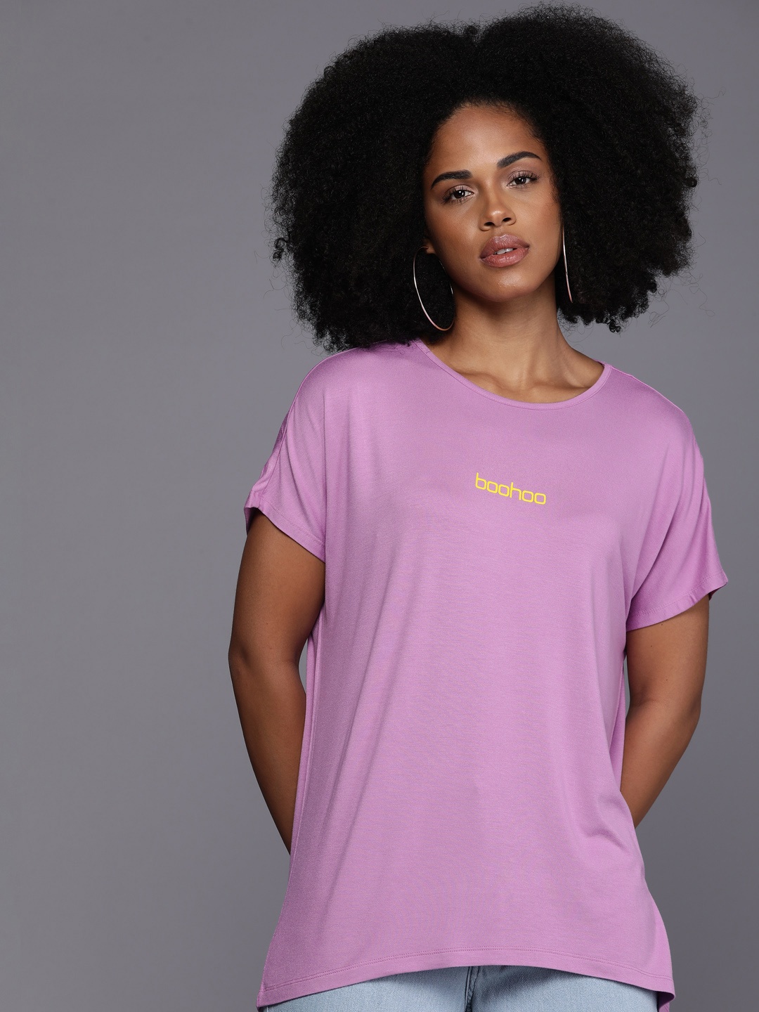 

Boohoo Brand Logo Printed Extended Sleeves Casual T-shirt, Purple