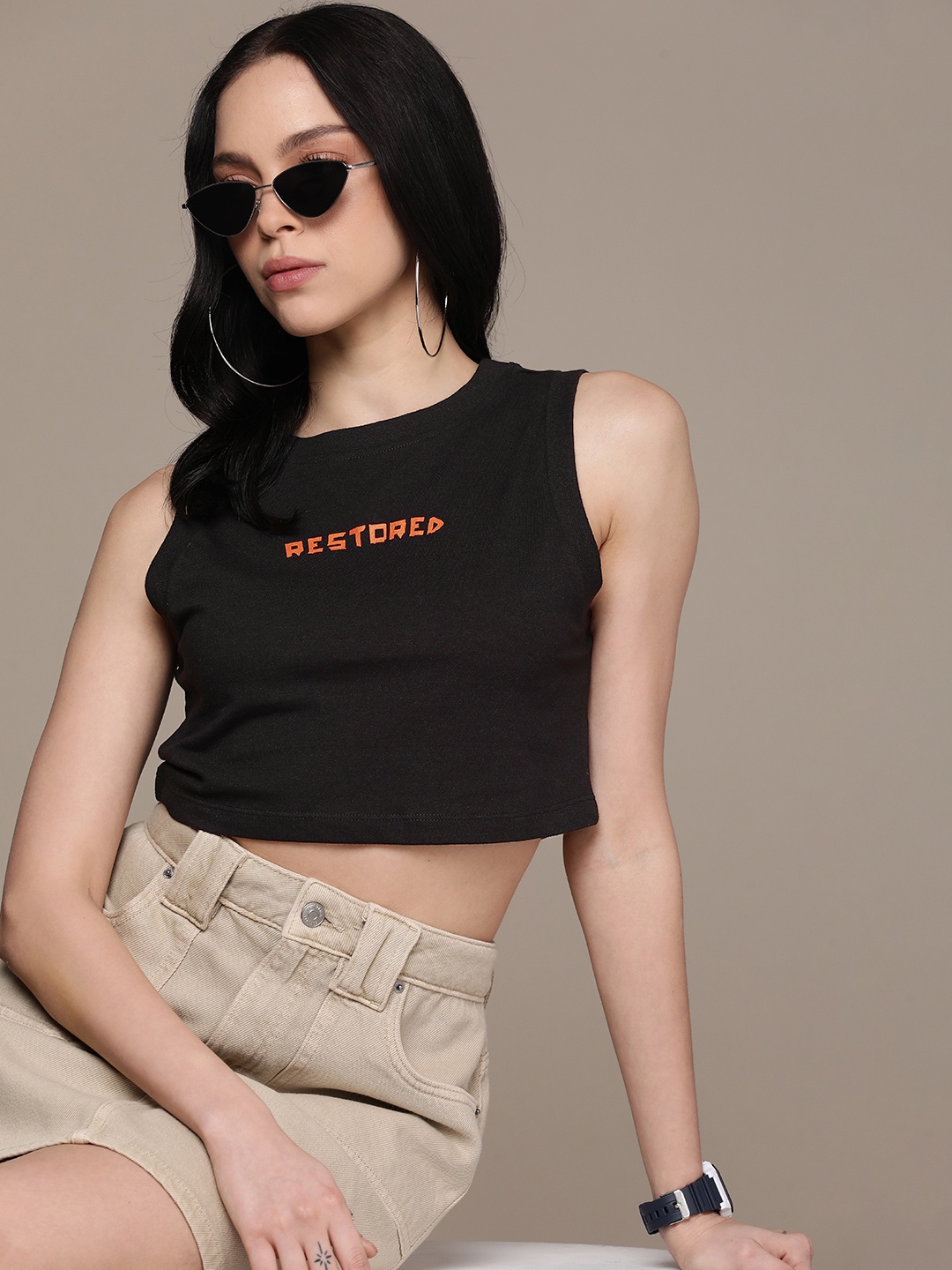 

The Roadster Life Co. Typography Printed Sleeveless Crop T-shirt, Black