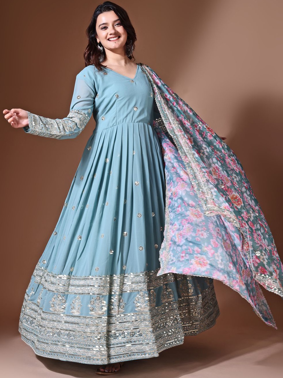 

Fashionuma Floral Embroidered Georgette Anarkali Ethnic Dress With Dupatta, Blue