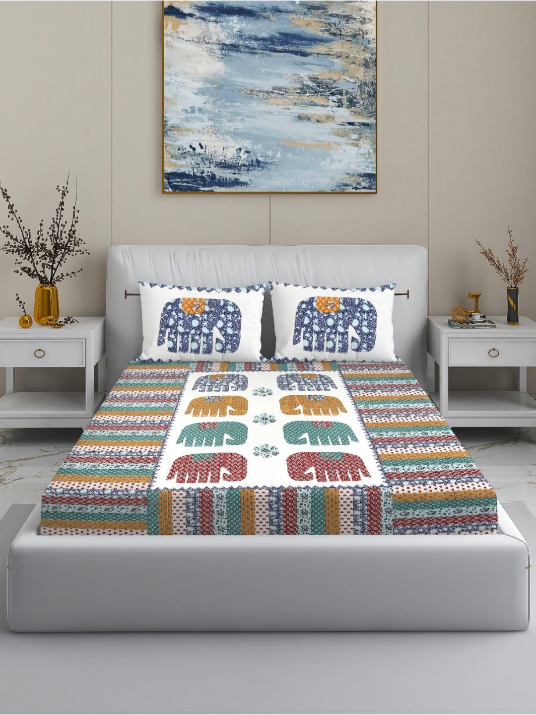 

MODEFE White & Blue 144 TC Cotton King Bedsheet With 2 Pillow Covers - 2.5 M x 2.7 M