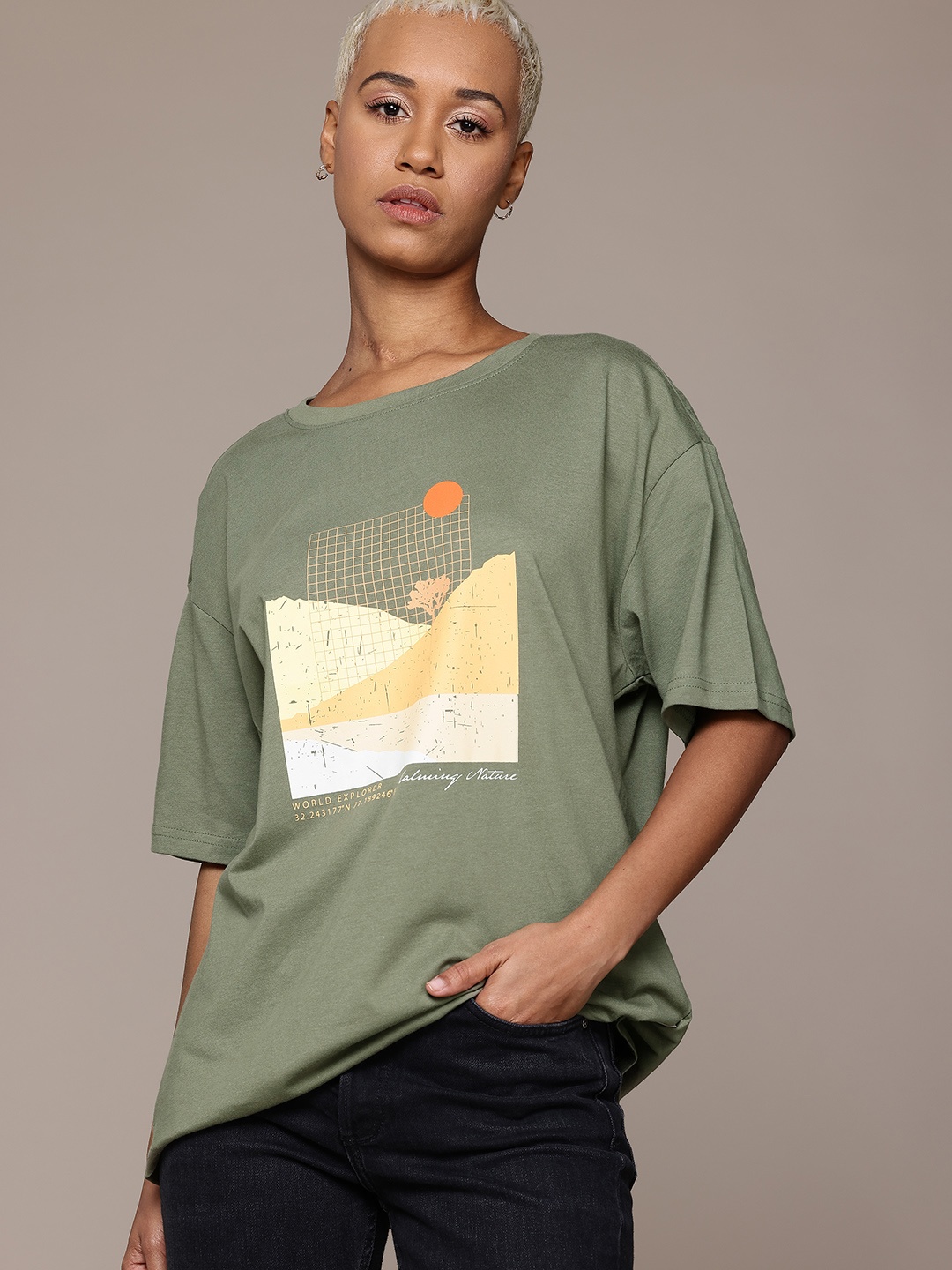 

The Roadster Lifestyle Co. Printed Oversized Pure Cotton T-shirt, Olive