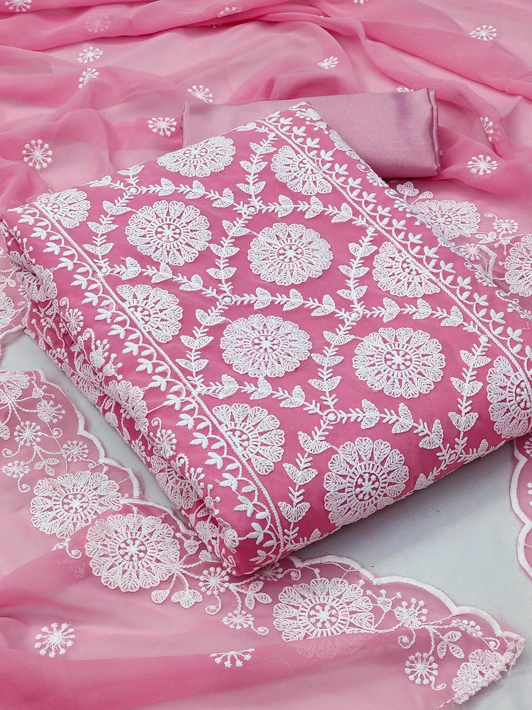 

Maroosh Floral Embroidered Thread Work Georgette Unstitched Dress Material, Pink