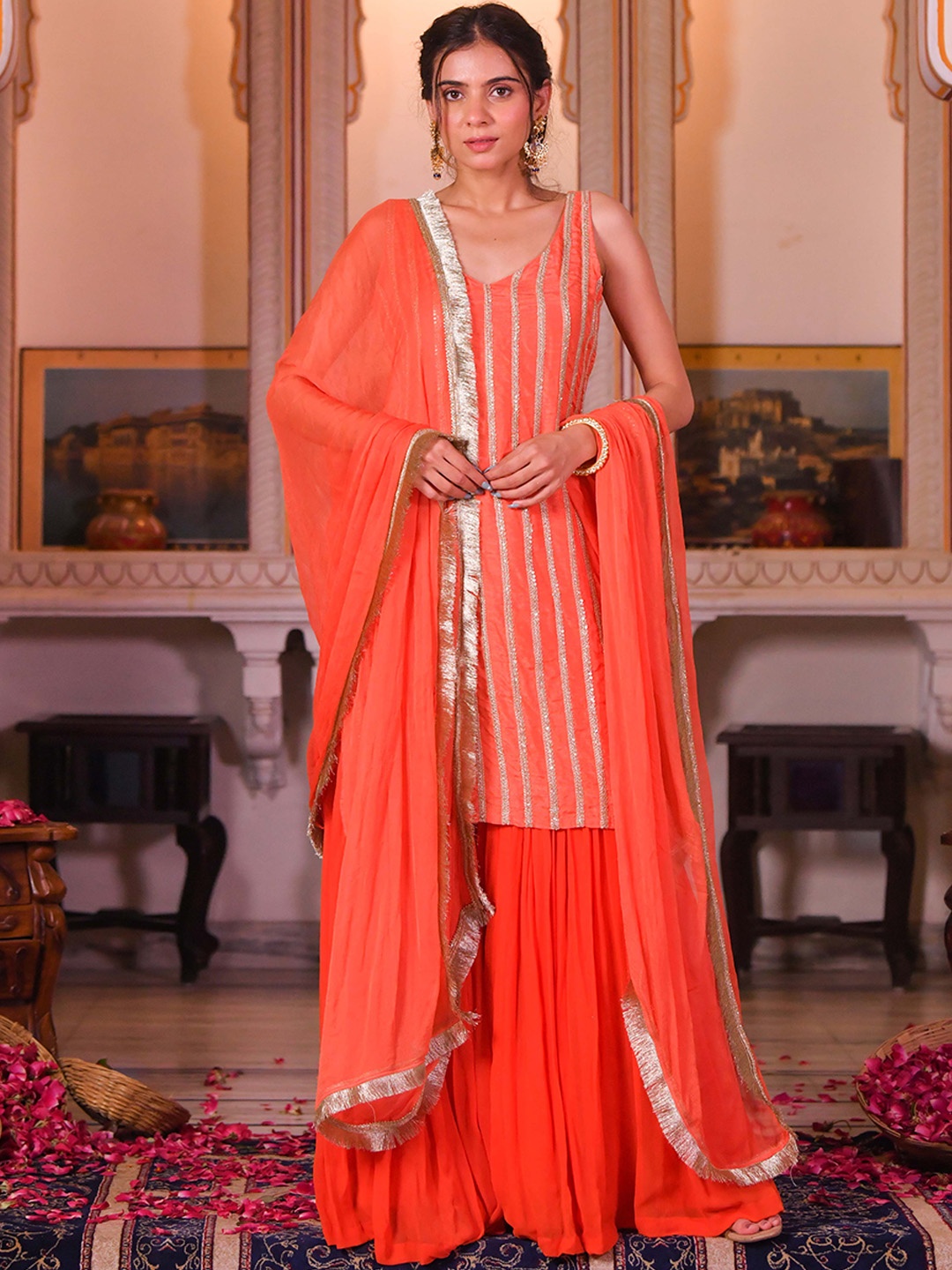 

MAHUKAA V-Neck Gotta Patti Straight Kurta with Sharara & Dupatta, Orange