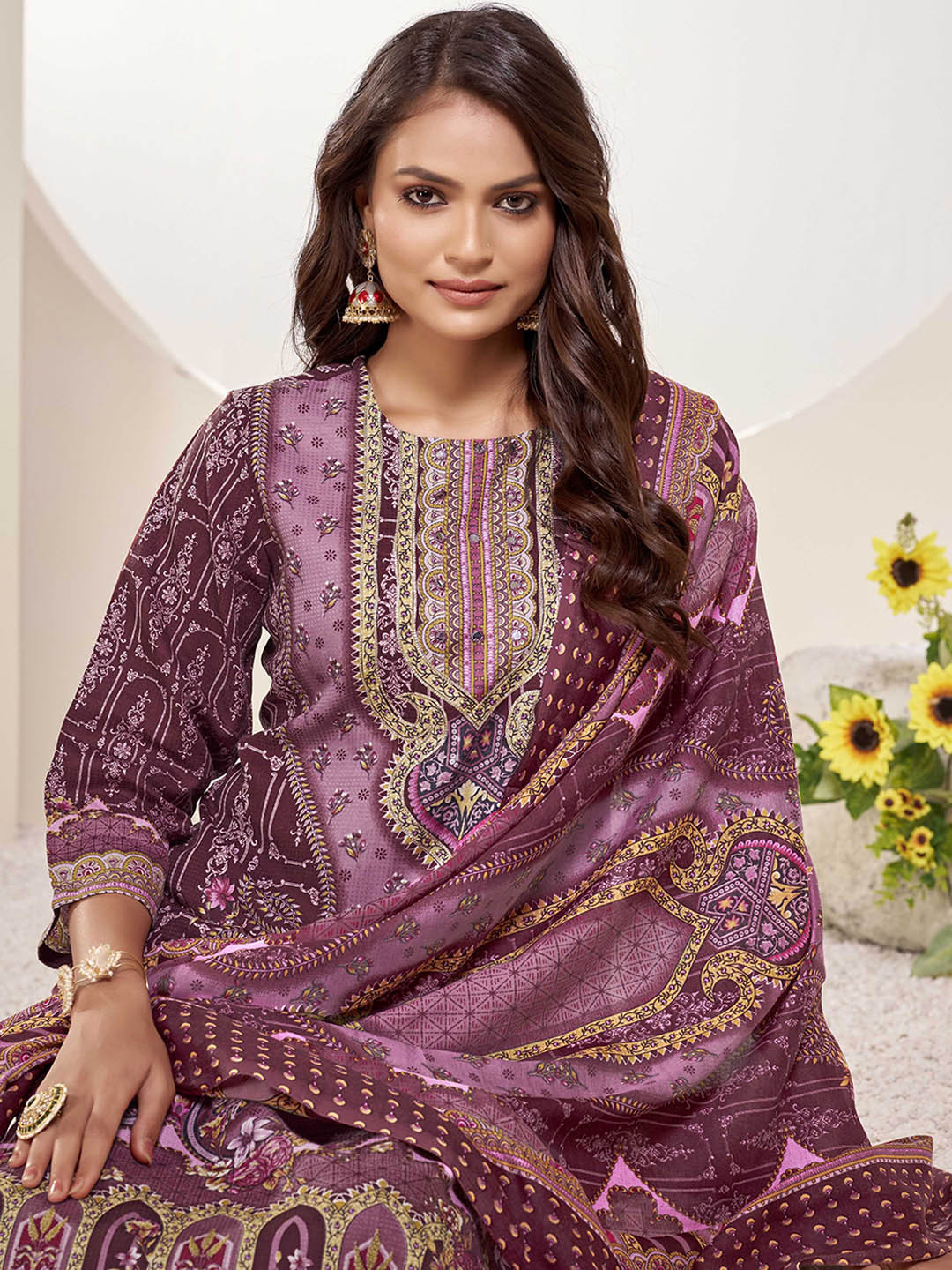 

Anouk Purple Floral Printed Round Neck Pure Cotton Straight Kurta with Trouser & Dupatta