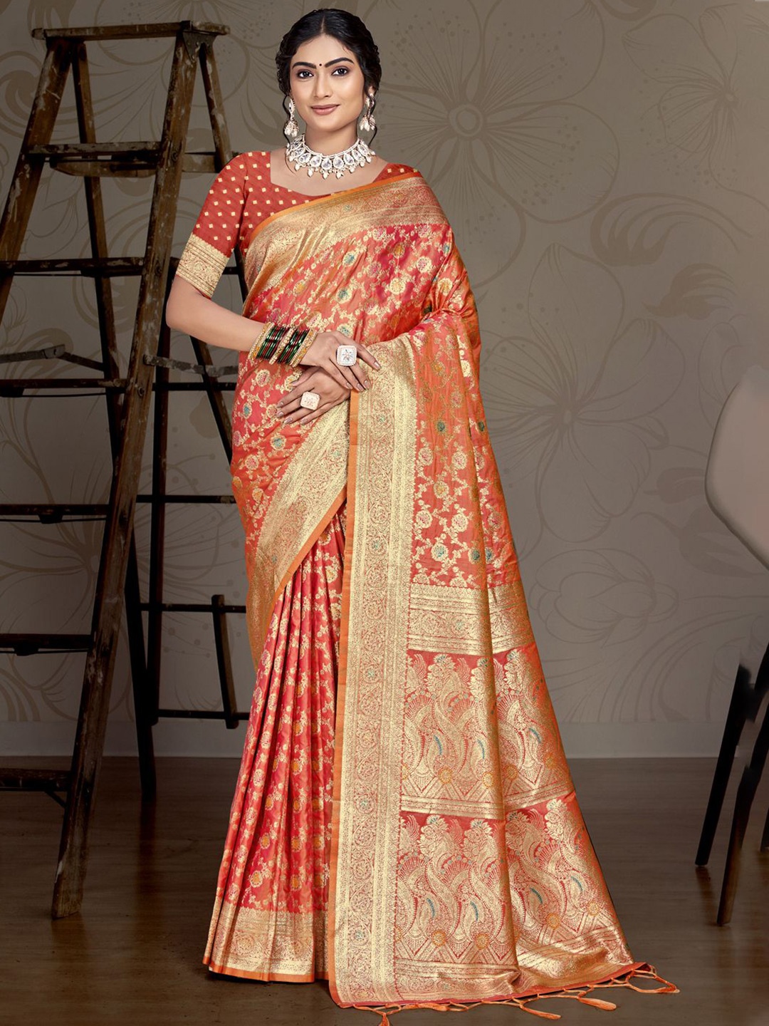 

Ishin Floral Zari Silk Blend Saree, Orange