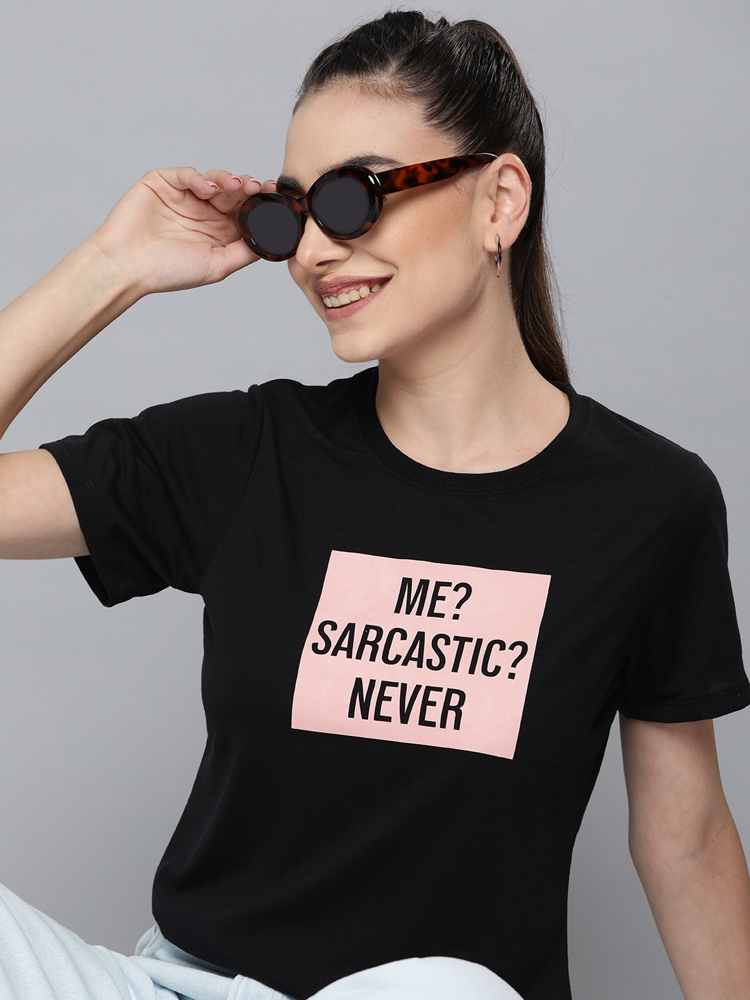 

HERE&NOW Women Black Typography Printed T-shirt