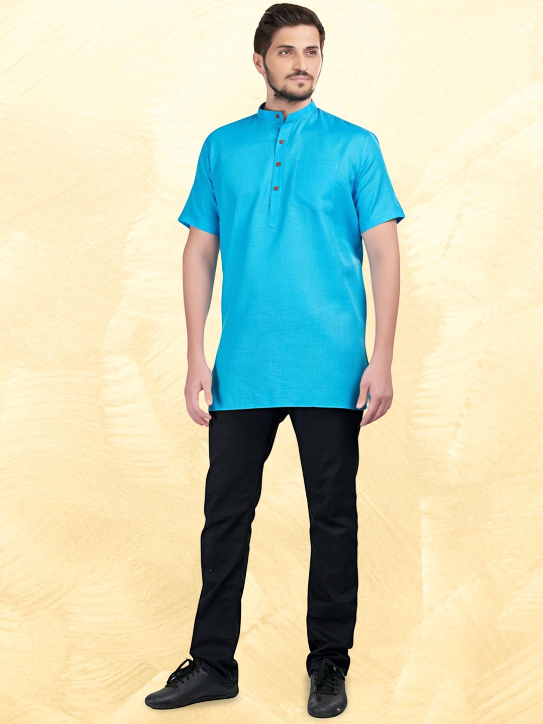 

ENCINO Mandarin Collar Straight Short Kurta, Blue