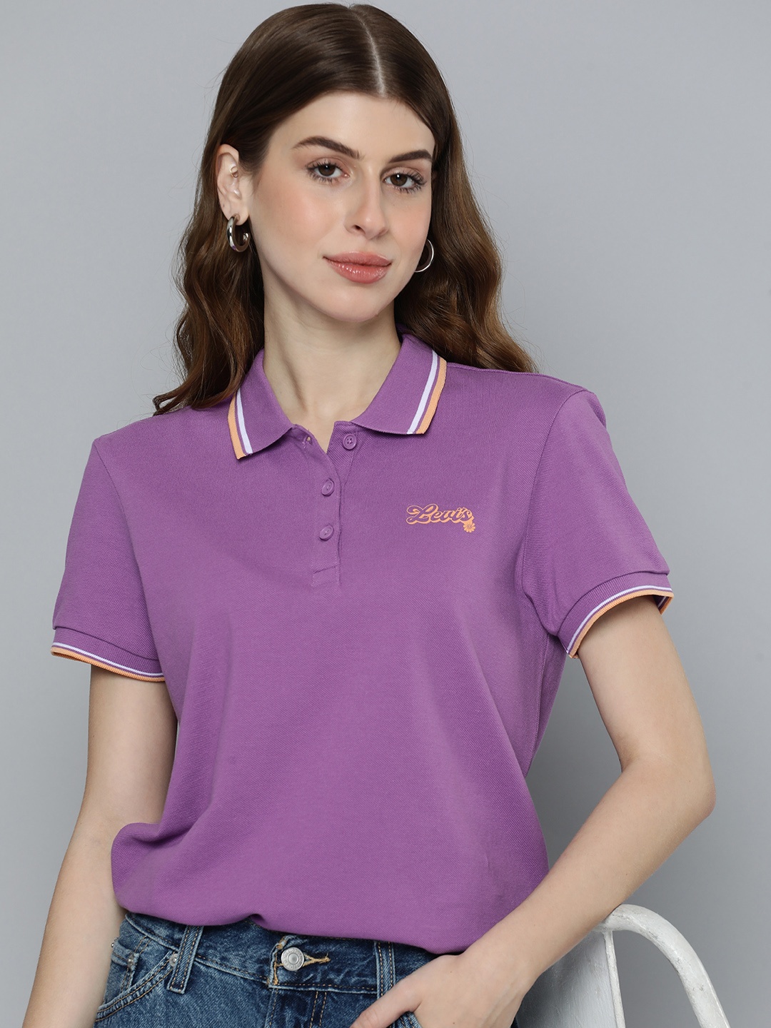 

Levis Pure Cotton Brand Logo Printed Polo Collar T-shirt, Purple