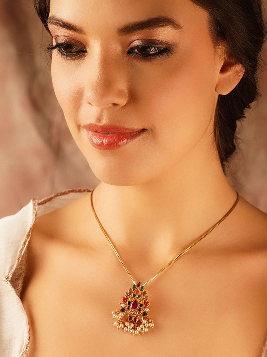 

JAYPORE Silver Gold-Plated Stone Studded & Beaded Contemporary Pendant