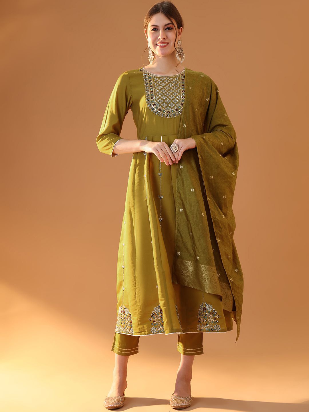

Tulsattva Floral Embroidered Sequinned Chanderi Cotton Anarkali Kurta & Trouser & Dupatta, Mustard