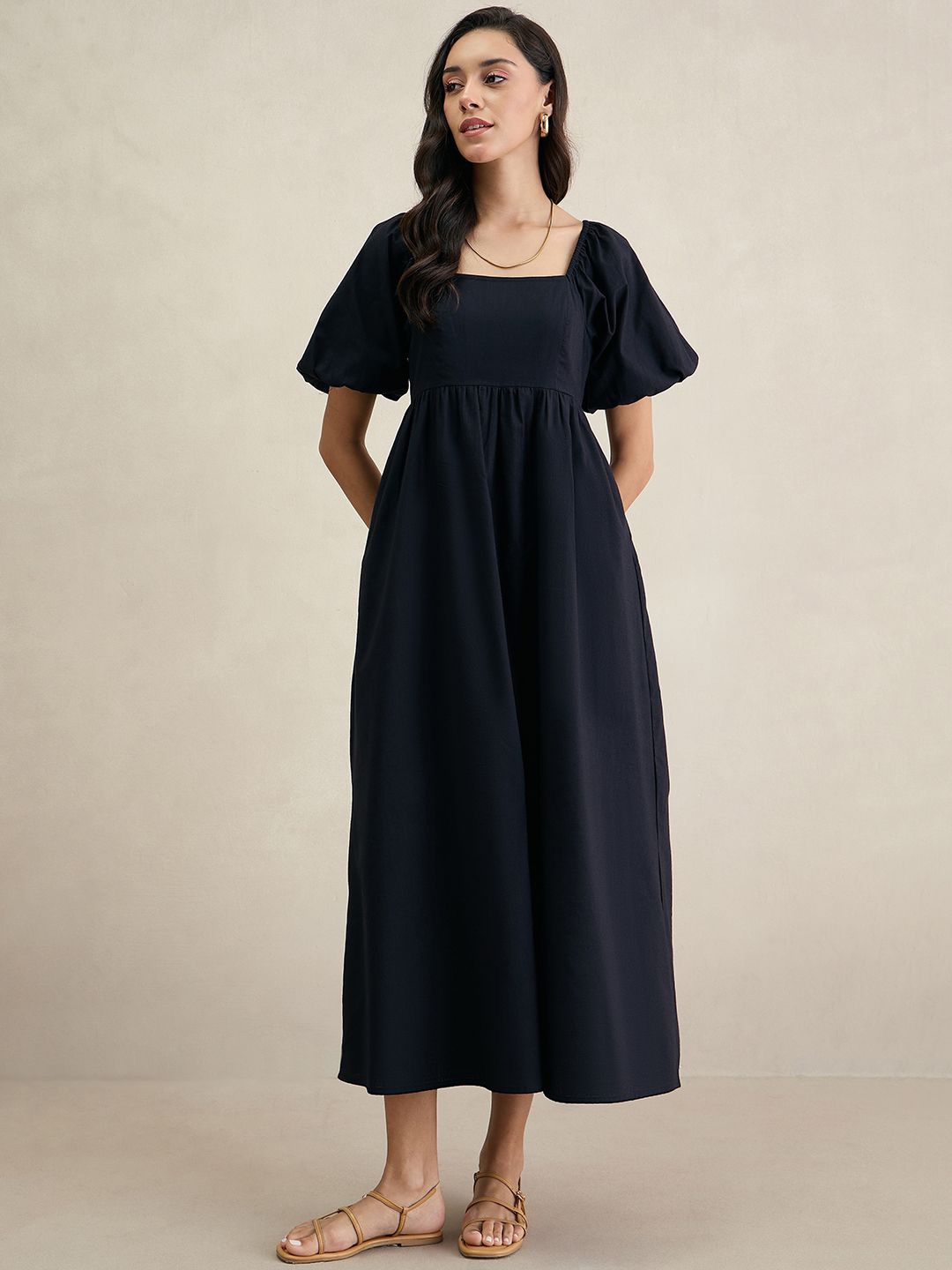 

FEMMELLA Women Square Neck Puff Sleeves Maxi Dress, Black
