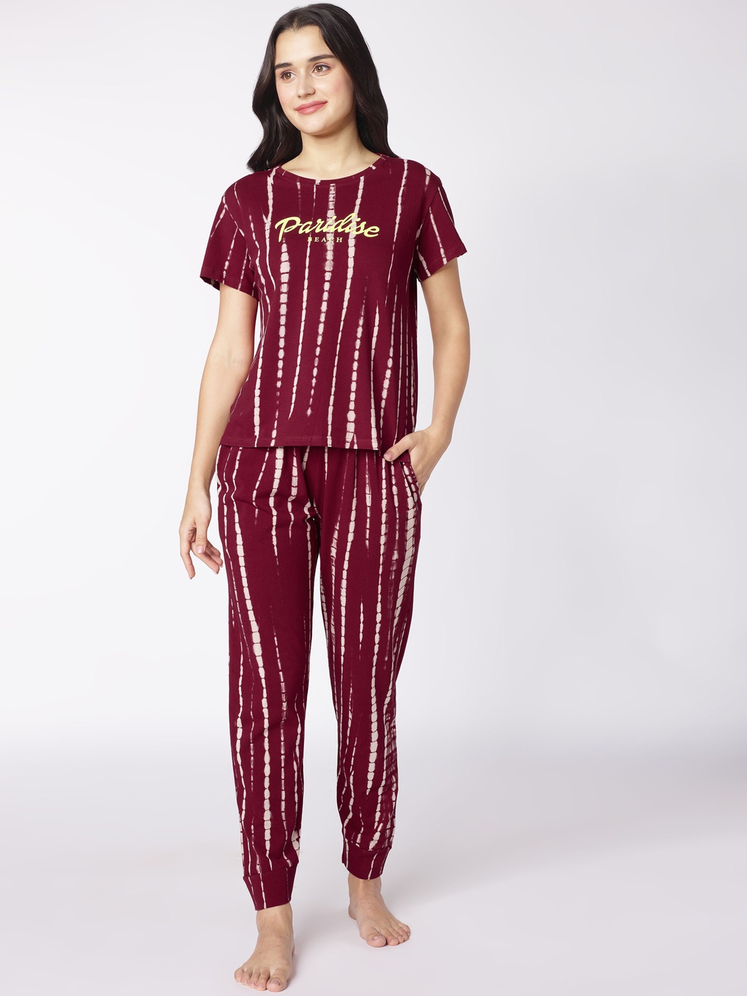 

beebelle Tie-Dye Printed T-Shirt with Pyjamas Night suit, Red