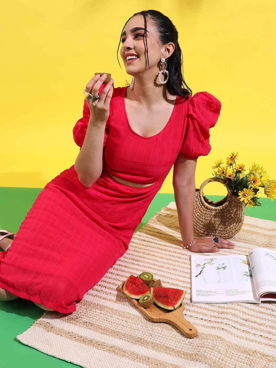 

PINACOLADA Women Puff Sleeves Sheath Midi Dress, Red
