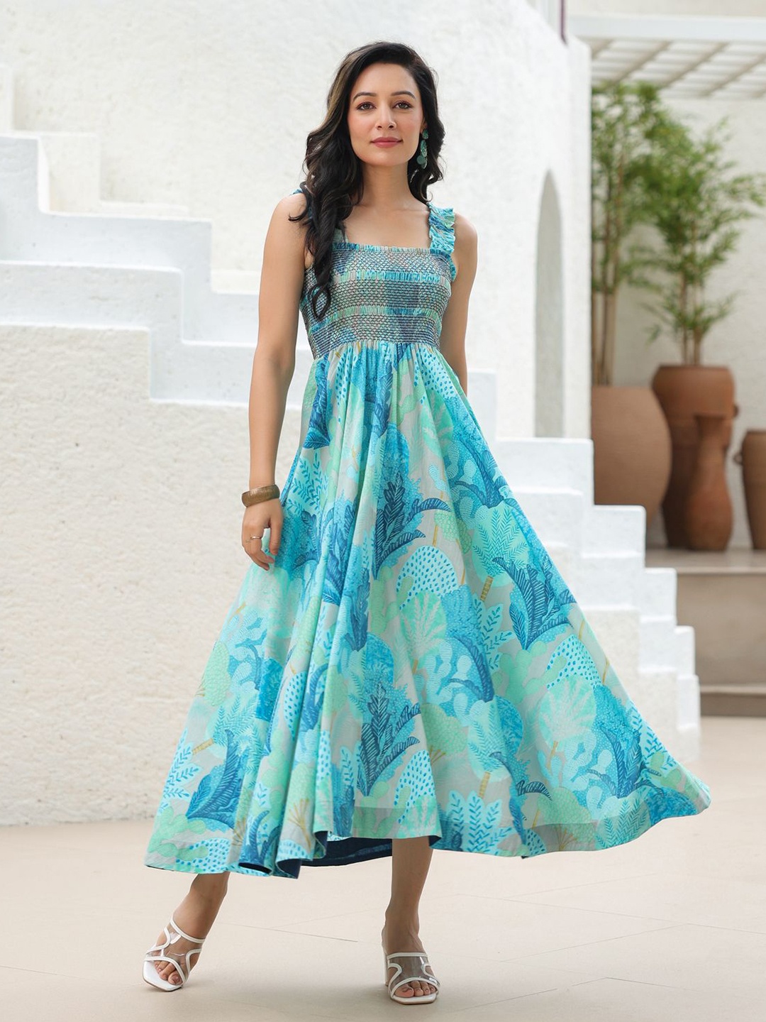 

Rain & Rainbow Printed Fit and Flared Ethnic Dresses, Blue