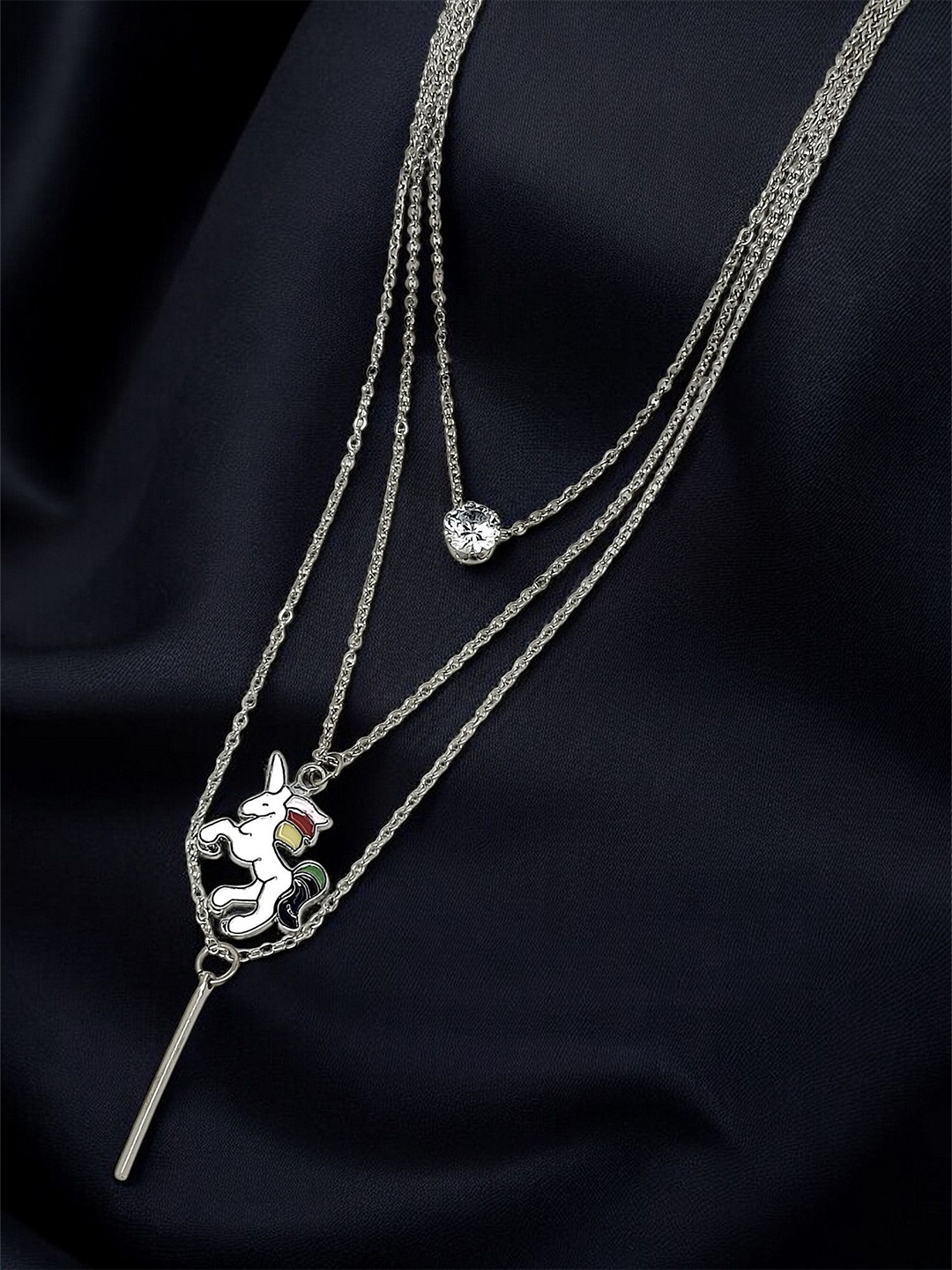 

9blings Silver-Plated Stone Studded Layered Unicorn Pendant Necklace