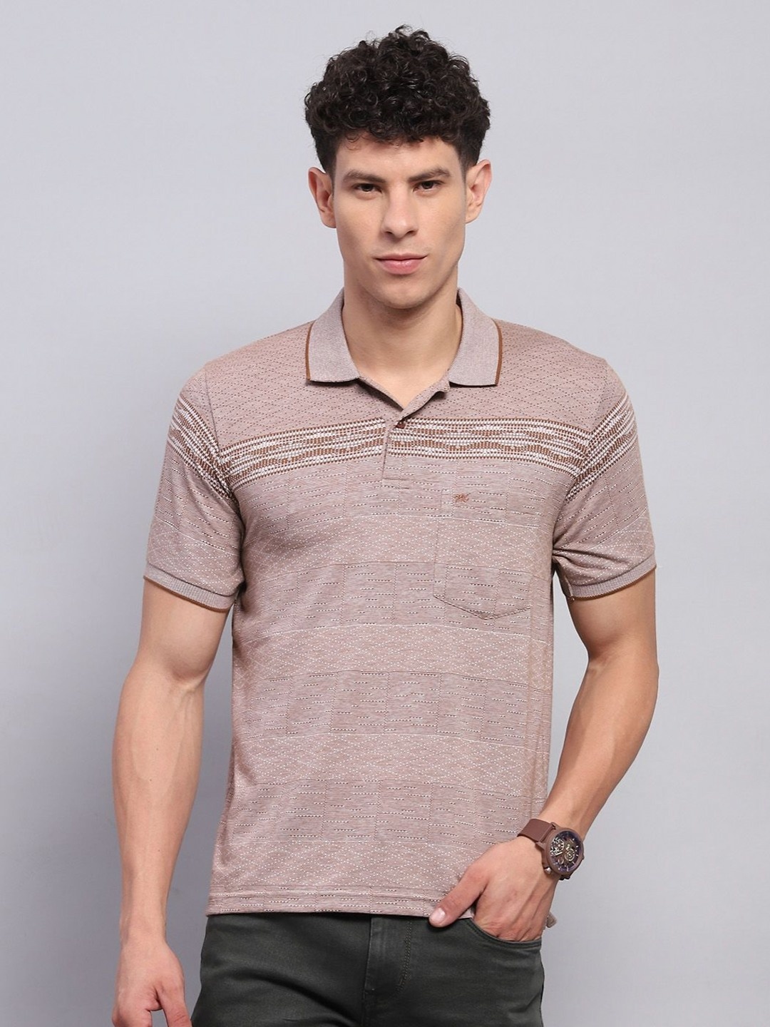 

Monte Carlo Men Striped Polo Collar Cotton T-shirt, Brown