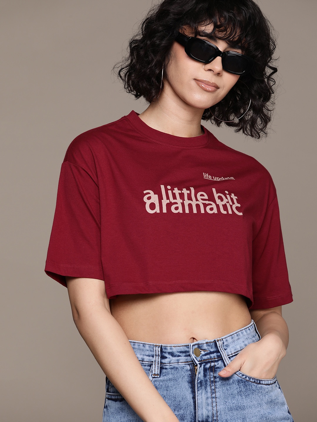 

The Roadster Lifestyle Co. Women Typography Printed Boxy Crop T-shirt, Maroon