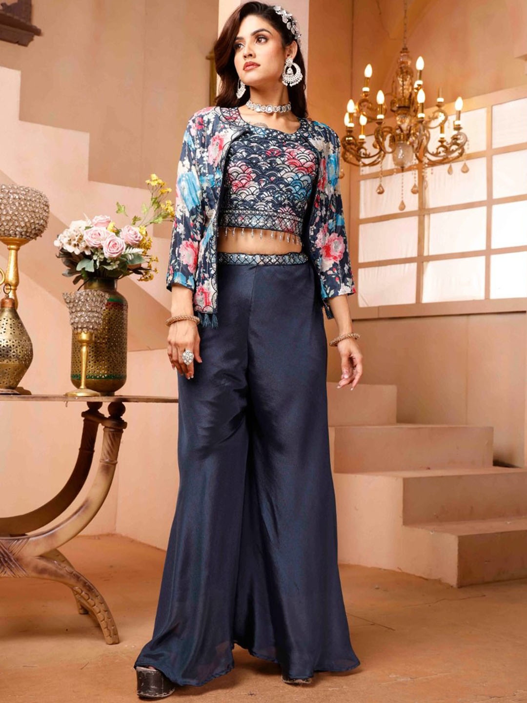 

LUGAI Printed Top & Palazzos With Waistcoat, Blue