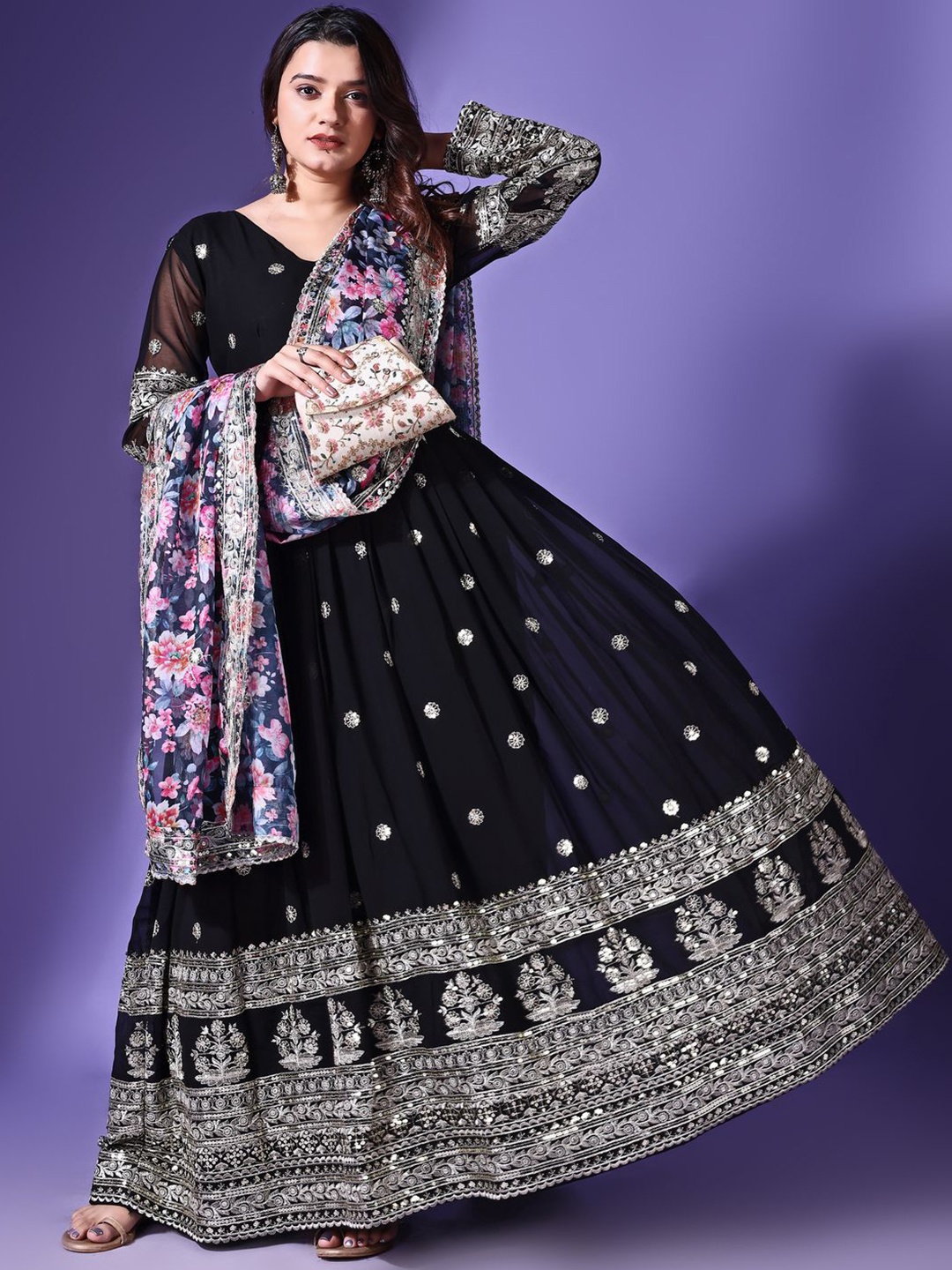 

Ethnic Yard Floral Embroidered Georgette Maxi Ethnic Dress With Dupatta, Black