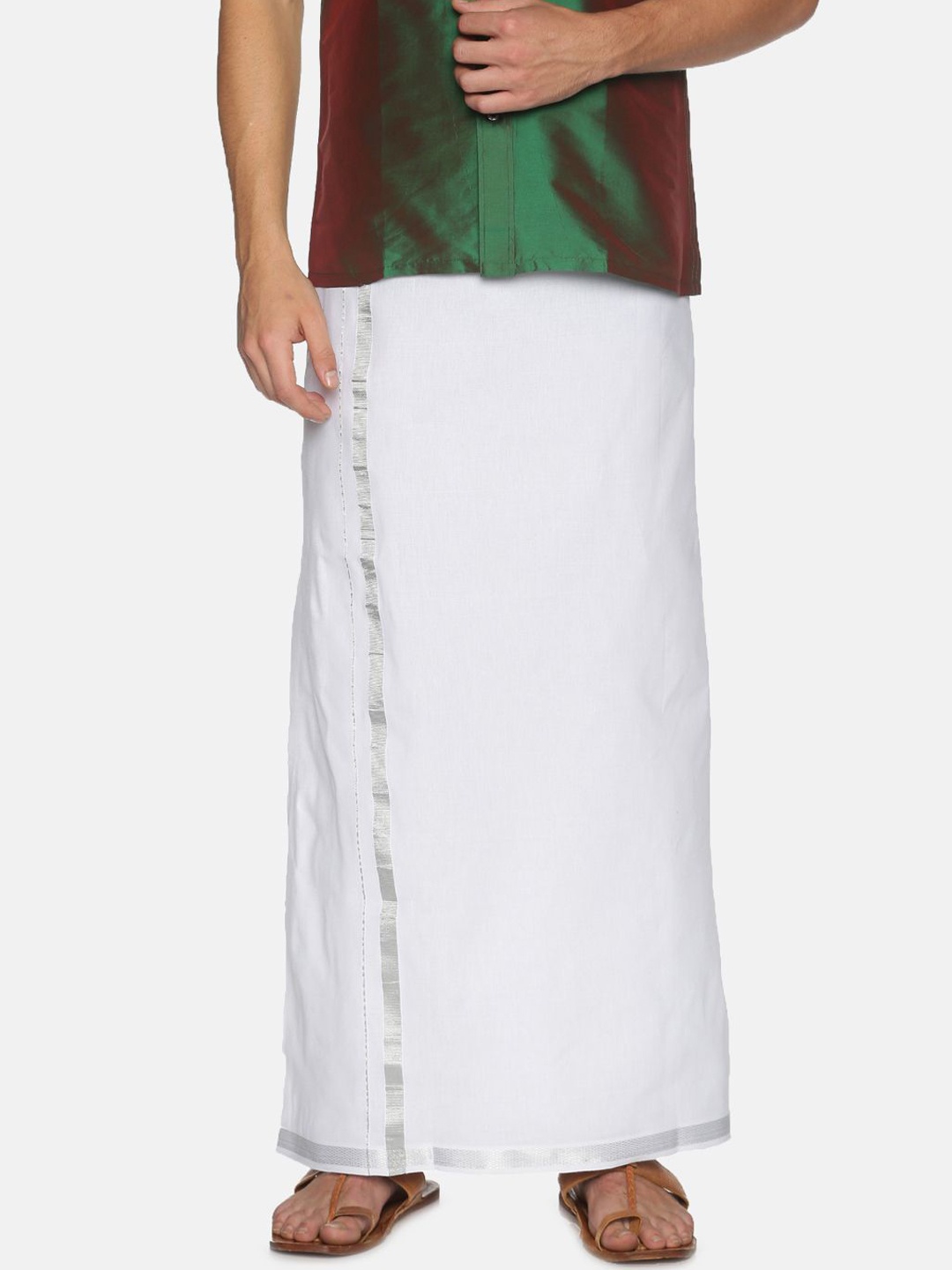 

Devala Men Pure Cotton Solid 1 inch Silver zari border Single layer Dhoti, White
