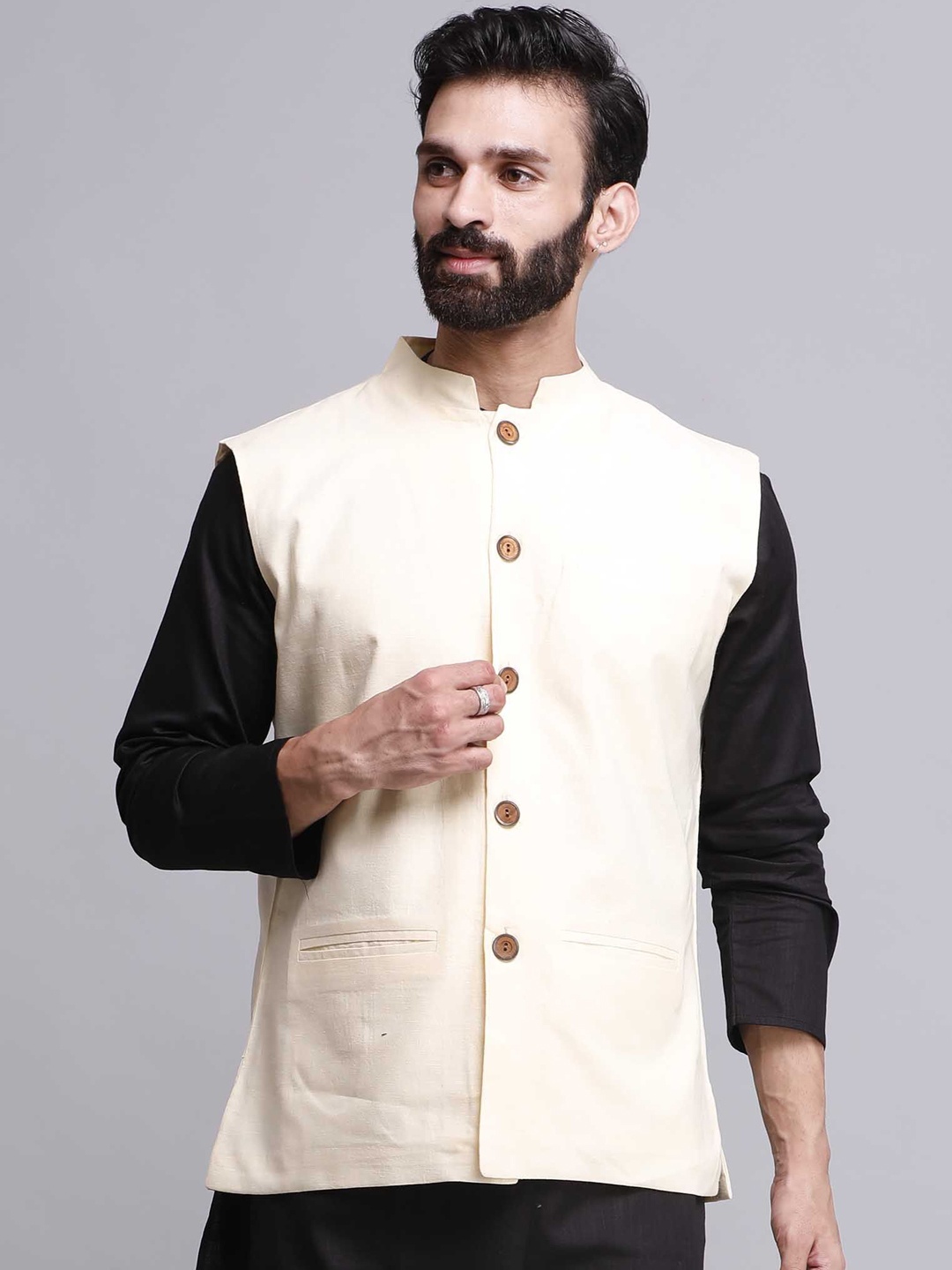 

TJORI Pure Cotton Corduroy Nehru Jackets, Off white