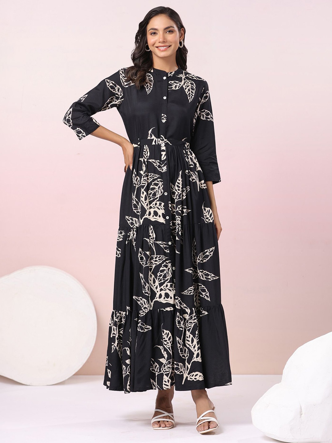 

JISORA Tribal Print A-Line Maxi Dress, Black