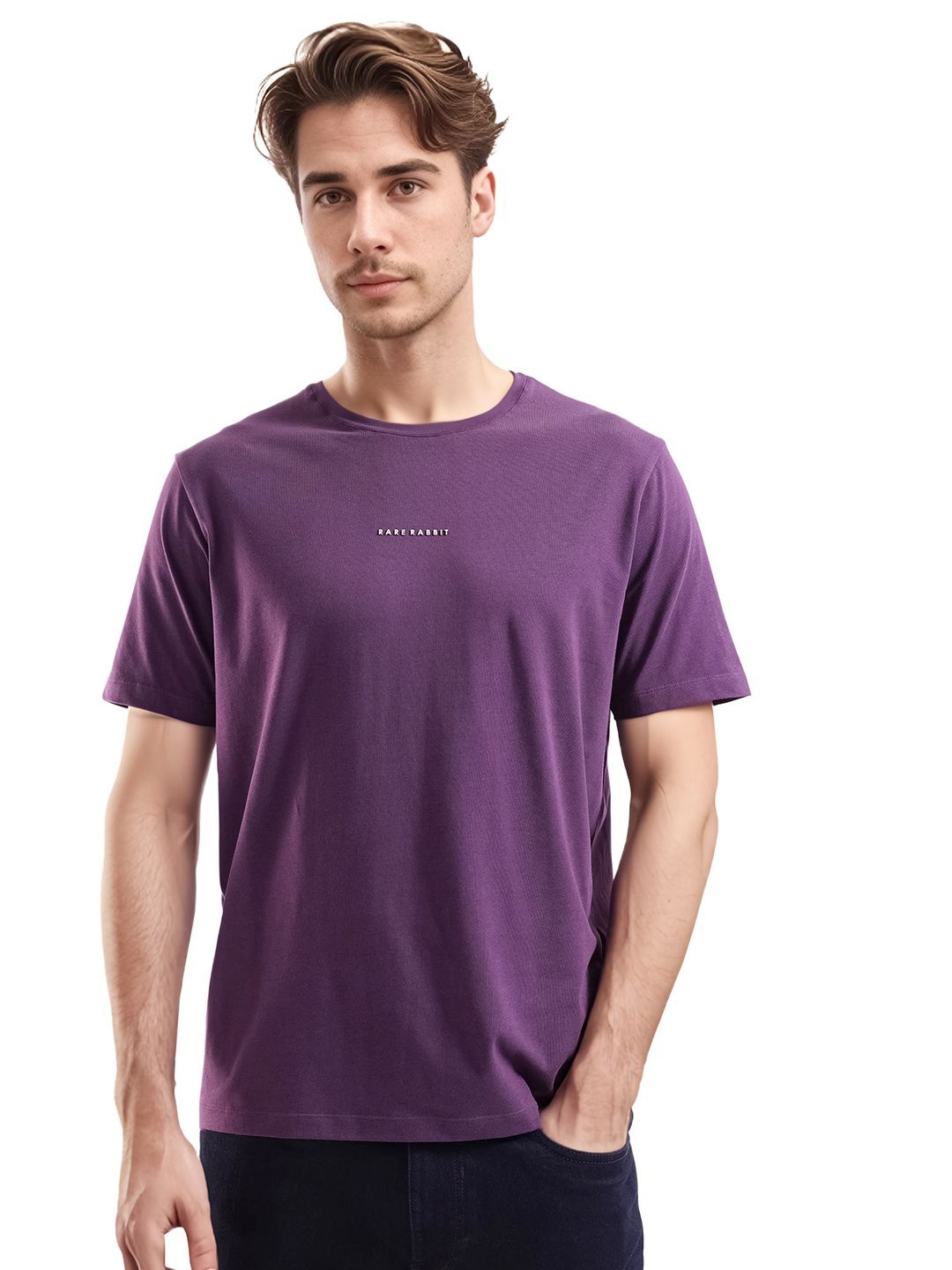 

RARE RABBIT Men Solid Round Neck Cotton T-shirt, Purple