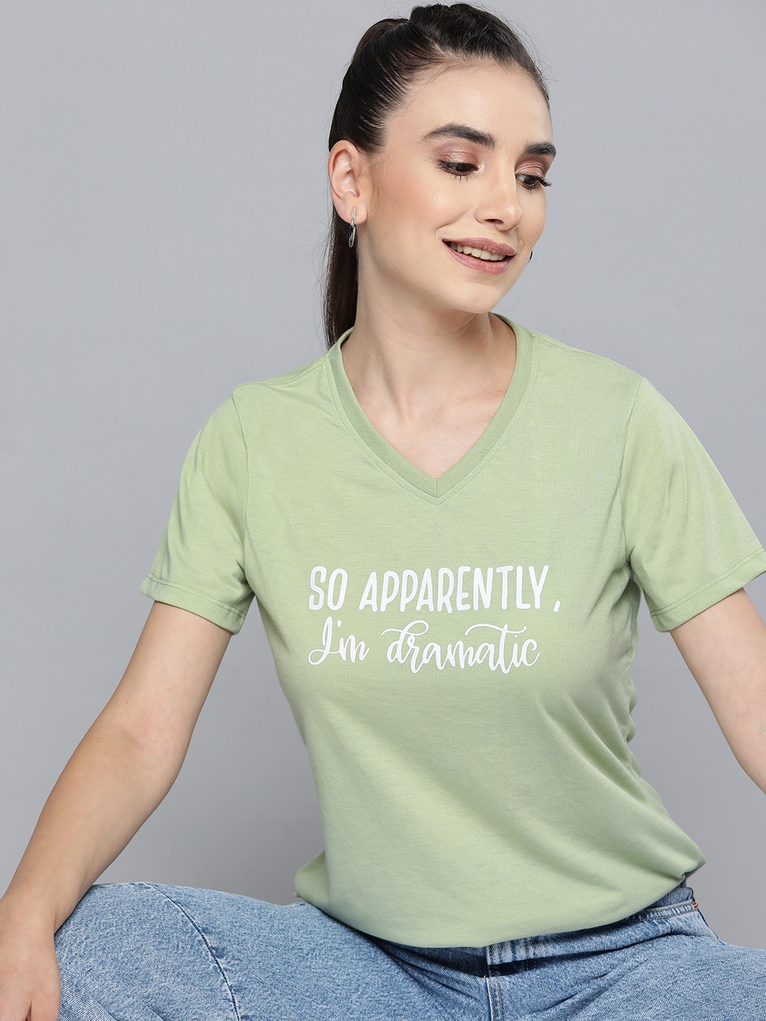 

HERE&NOW Women Green & White Typography Printed V-Neck T-shirt