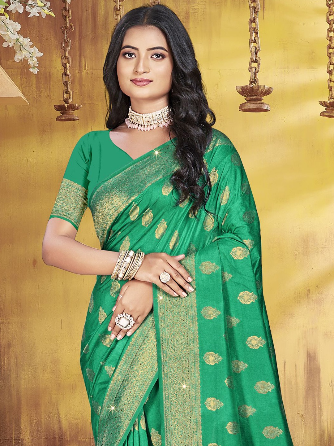 

Ishin Woven Design Zardozi Silk Blend Saree, Green