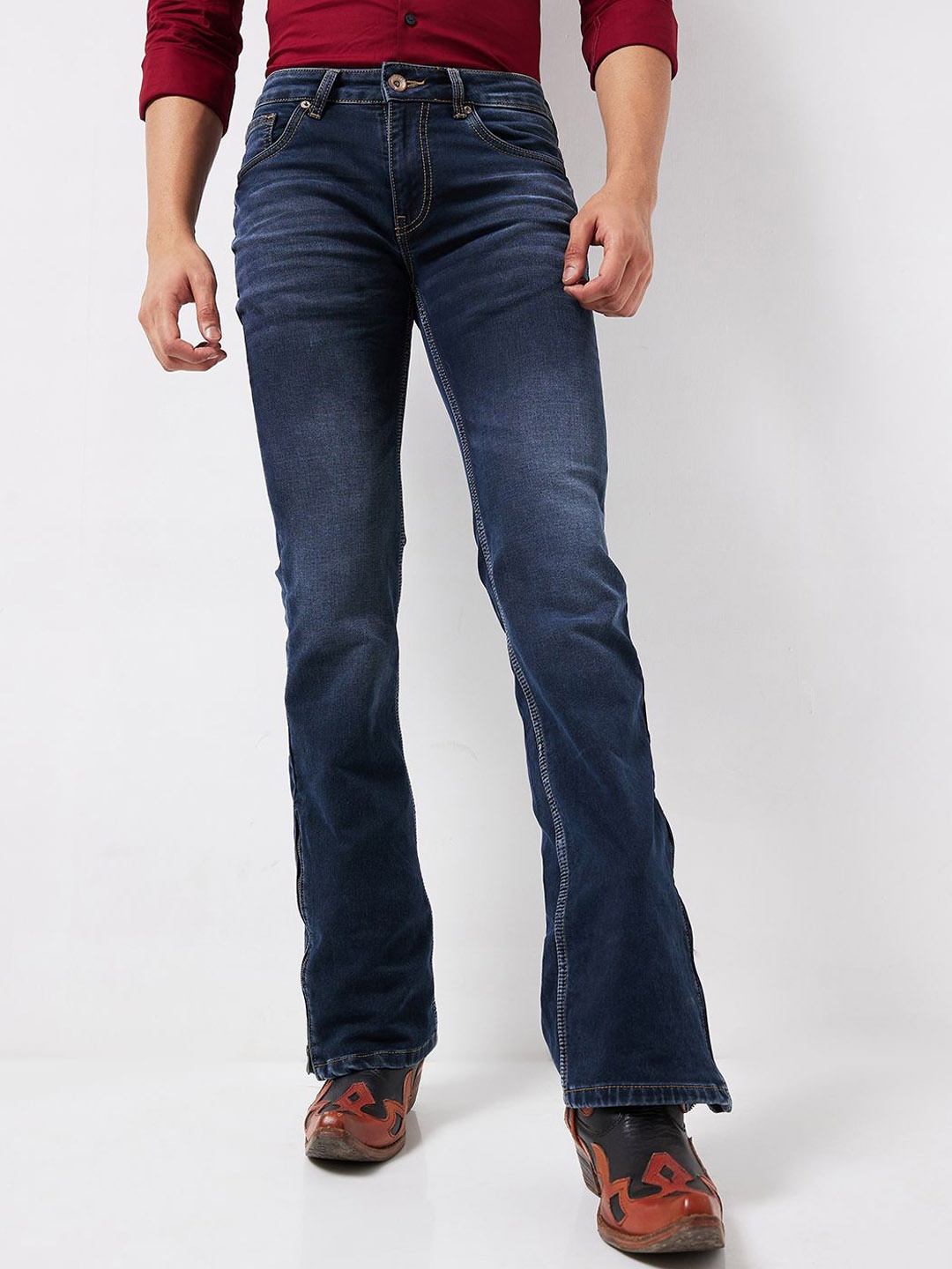 

Mode De Base Men Bootcut Mid-Rise Light Fade Stretchable Jeans, Navy blue