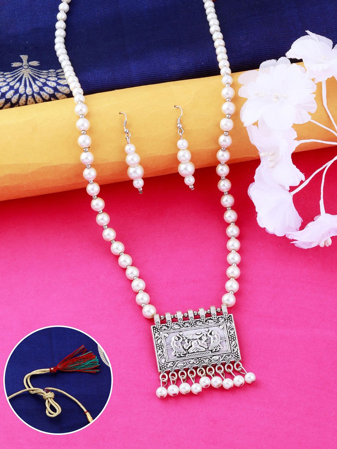

Silver Shine Silver-Plated Pearl Beaded Oxidised Jewellery Set