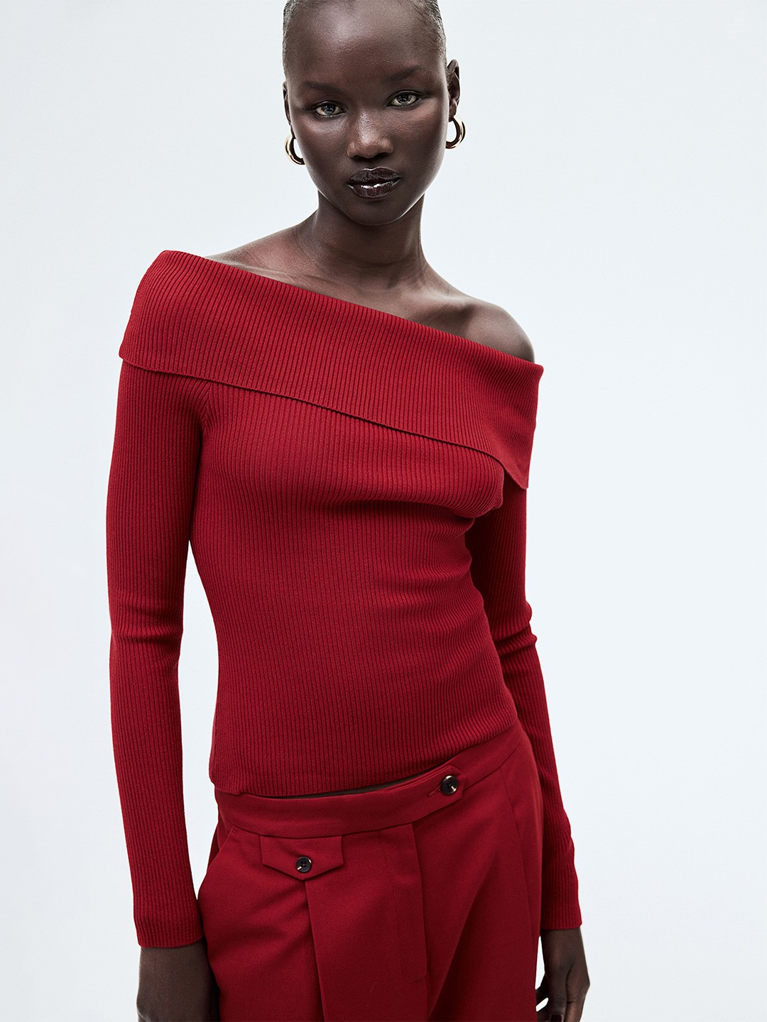 

H&M Rib Knit Off The Shoulder Top, Red