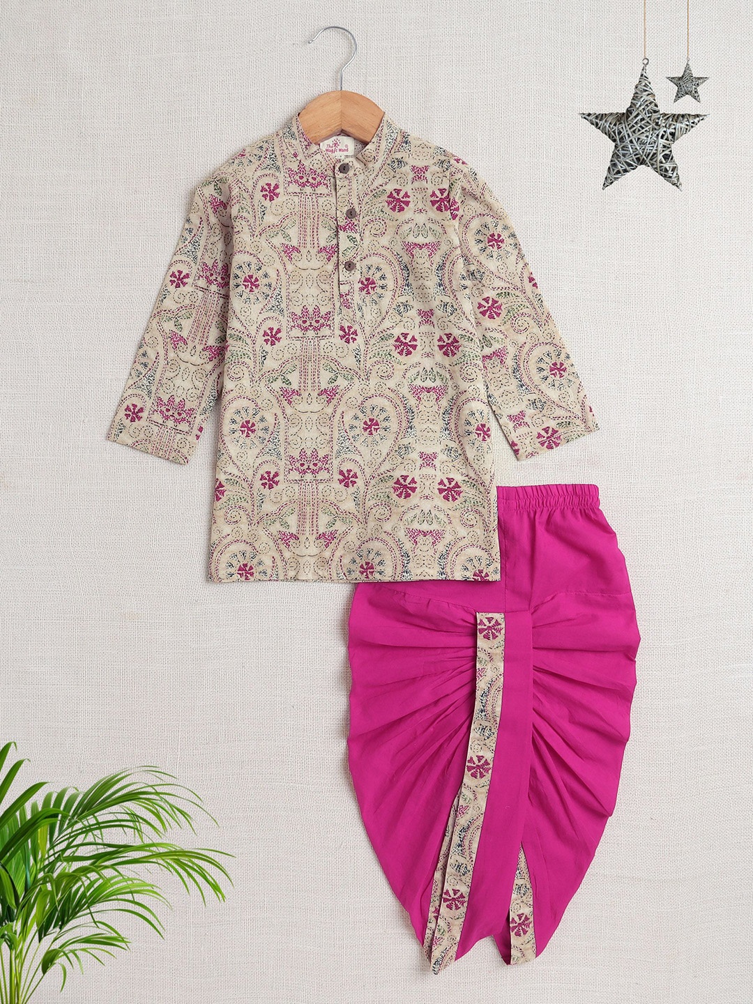 

The Magic Wand Boys Floral Printed Pure Cotton Straight Kurta with Dhoti Pants, Off white