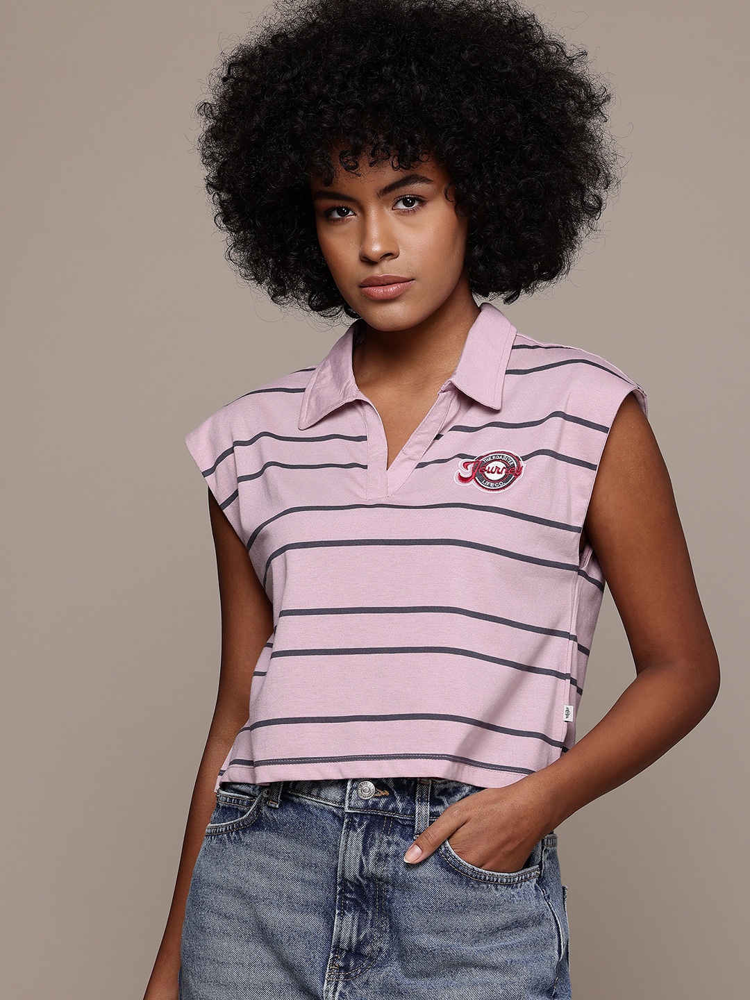 

The Roadster Lifestyle Co. Women Striped Polo Collar Boxy T-shirt, Mauve