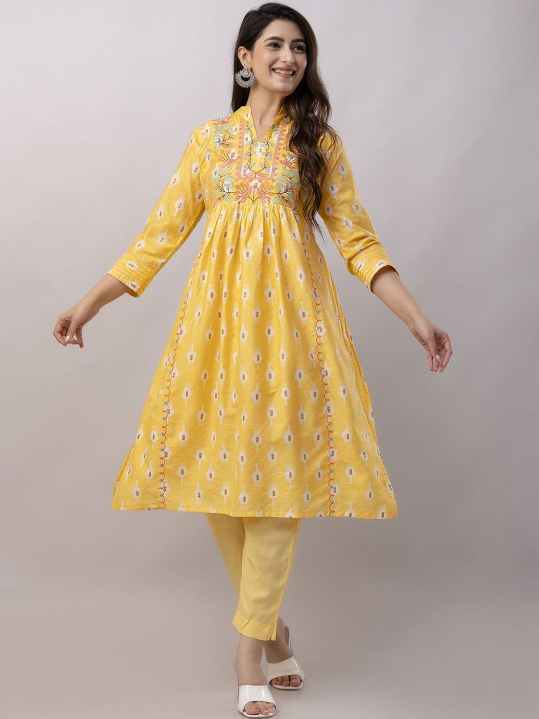 

Aawari Ethnic Motifs Printed Empire Pure Silk Anarkali Kurta with Trousers & Dupatta, Yellow