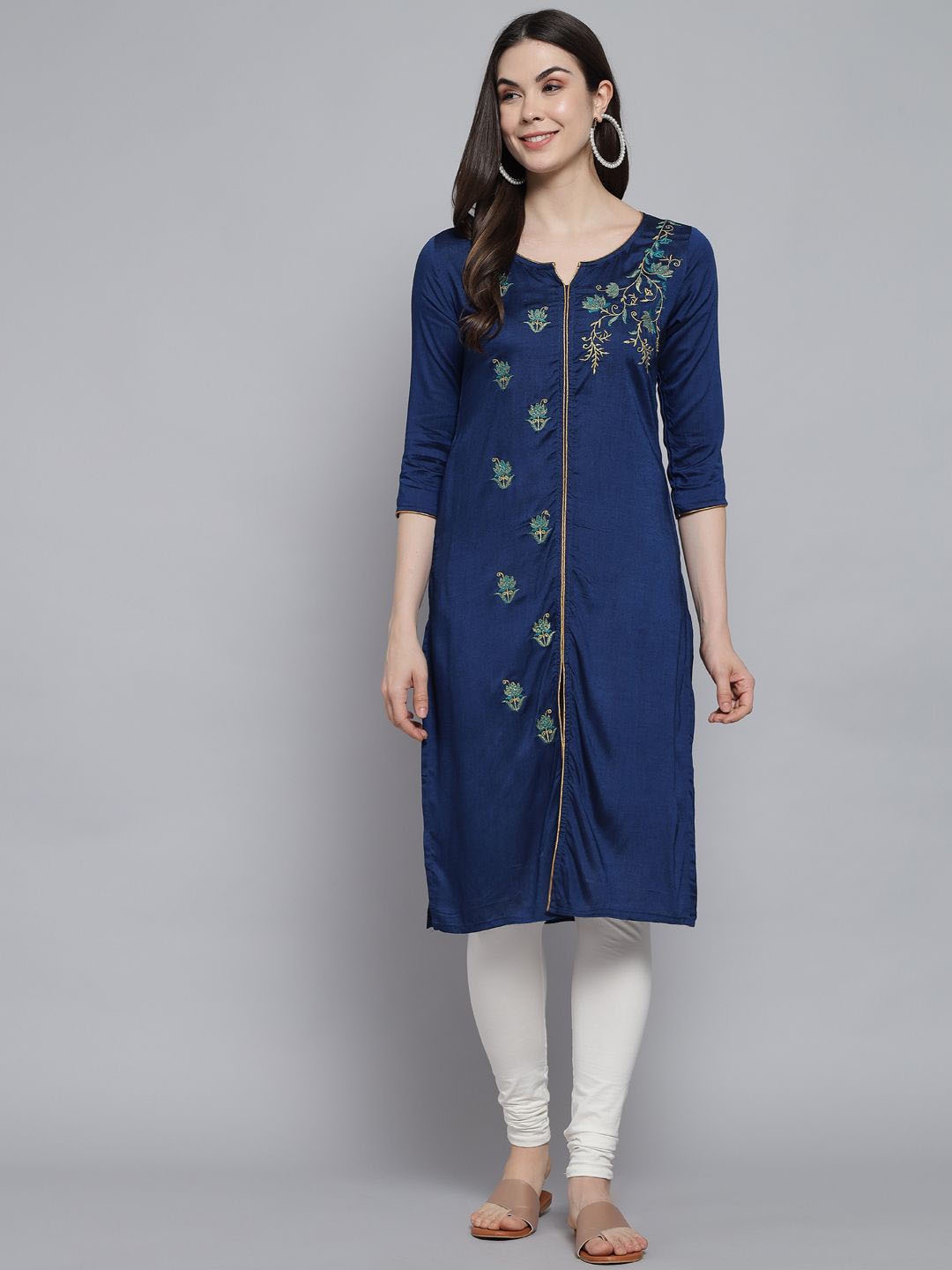 

Anouk Floral Embroidered Notch Neck Liva Straight Kurta, Blue
